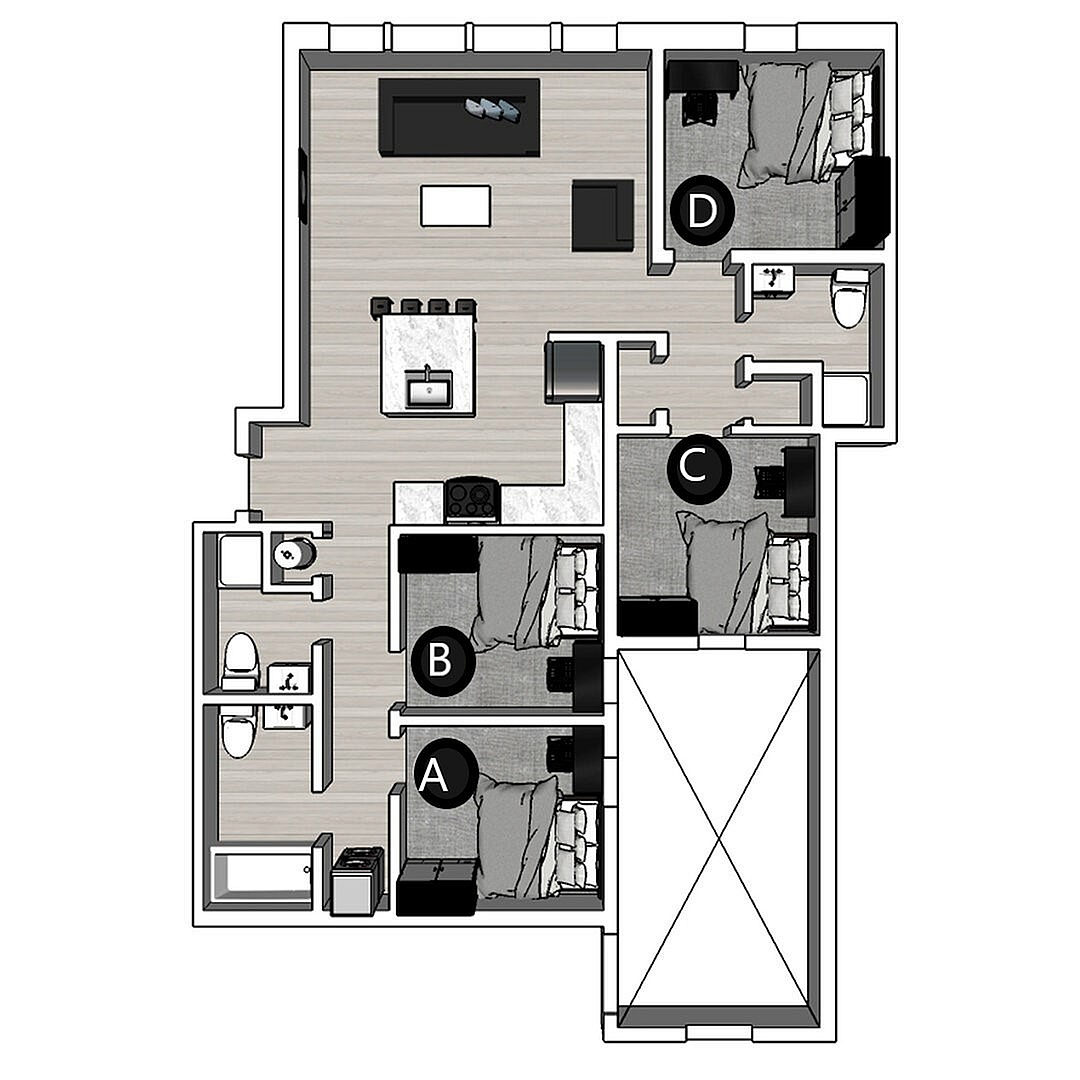 Modern floor plan highlighting 3 bedrooms, a sleek kitchen with an island, and a spacious living area designed for comfort and style.