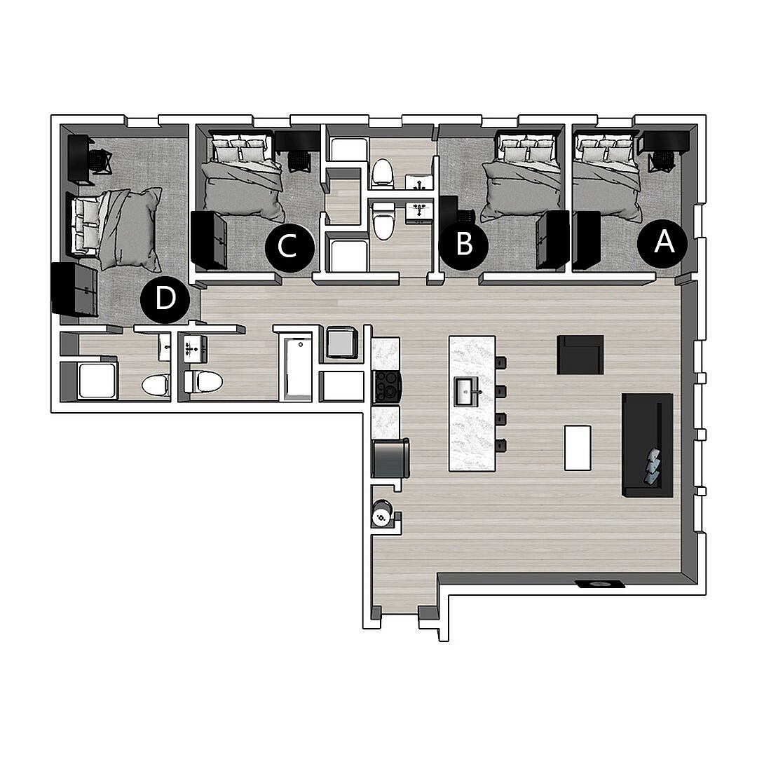 Elegant floor plan showcasing 4 bedrooms, modern kitchen island, and open living area with stylish design.