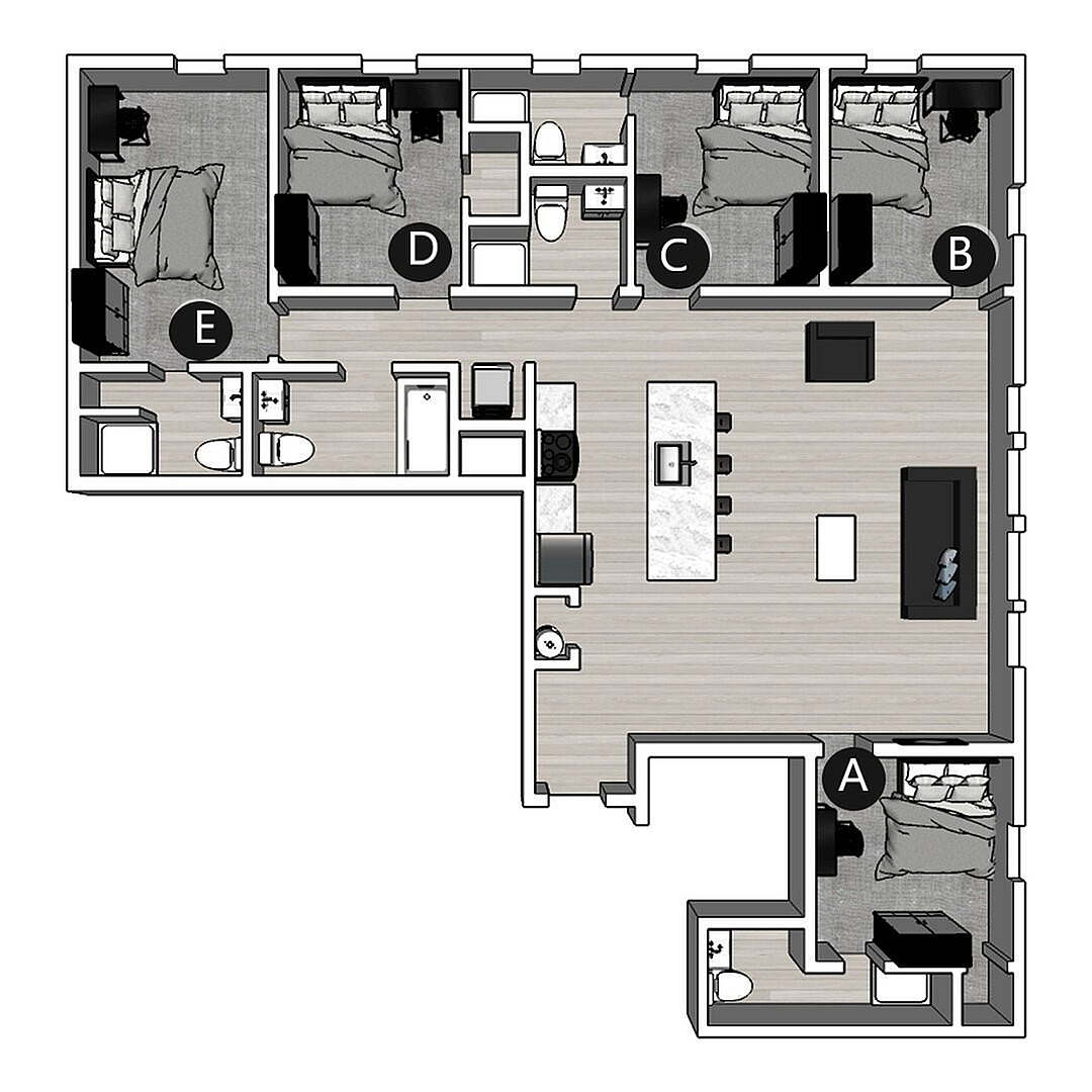 Modern 2D floor plan showcasing 5 bedrooms, spacious open-concept living and kitchen area, ideal for versatile urban living.
