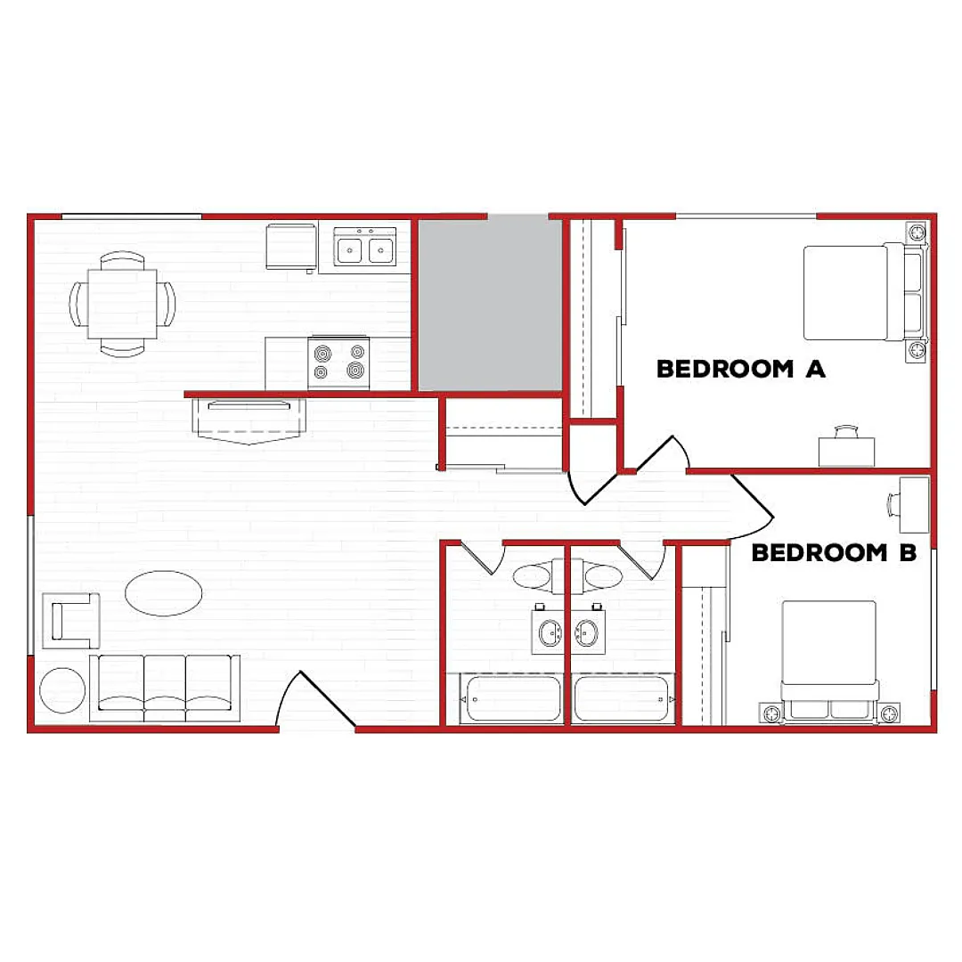 Efficient 2D floor plan showcasing modern 2-bedroom layout with an open kitchen and cozy living area, ideal for urban living.