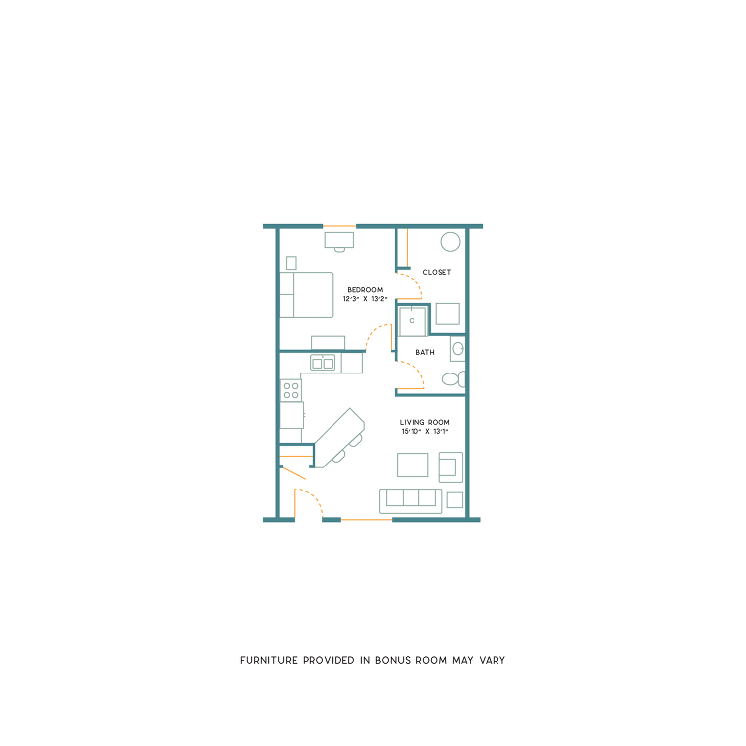 Modern floor plan showcasing a 1-bedroom apartment with a spacious living room, compact kitchen, and functional bathroom layout.