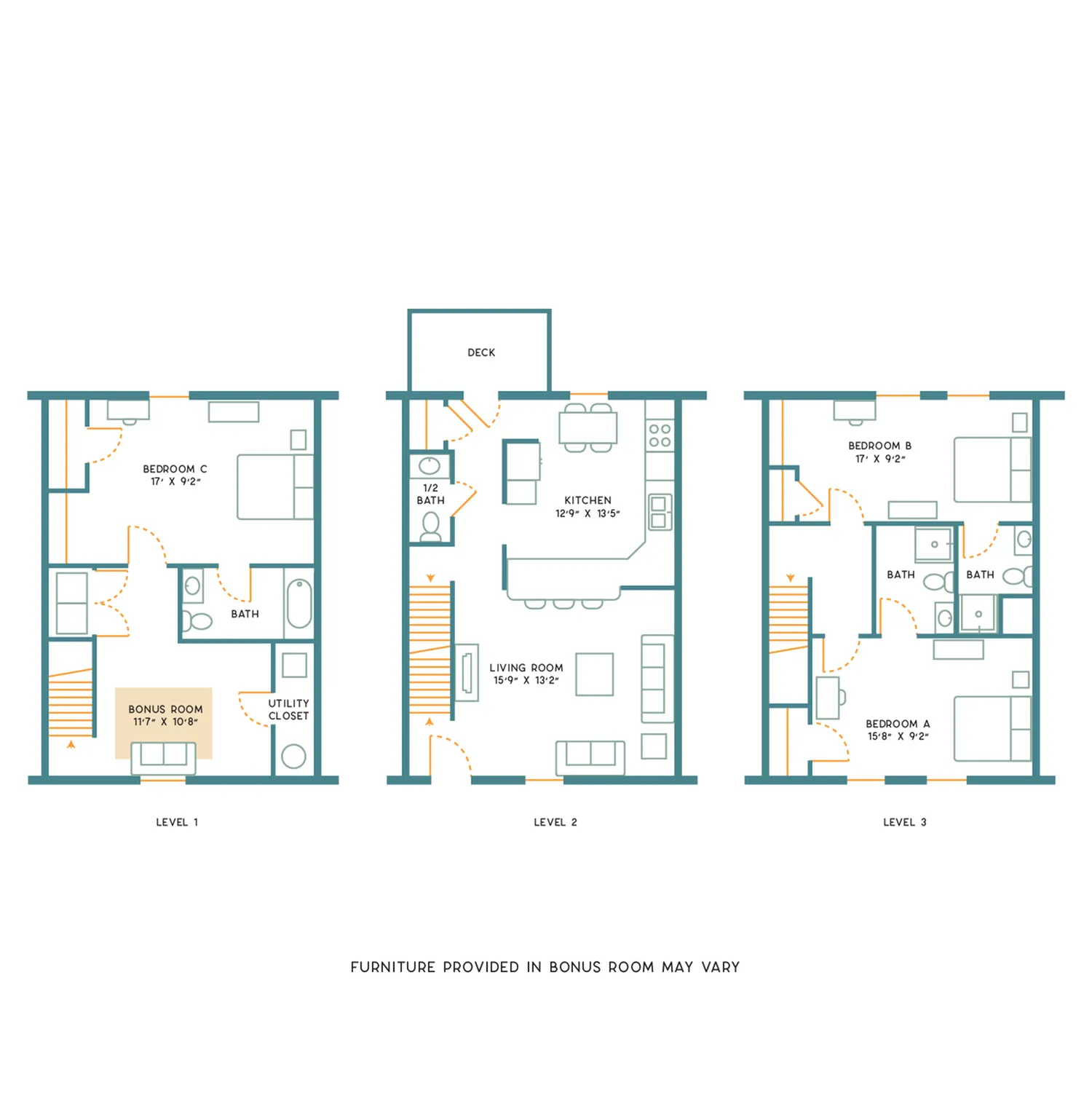 Modern three-level floor plan with 4 bedrooms, including a bonus room and utility closet on the first level, open kitchen and living area with deck on the second level, and additional bedrooms with ensuite baths on the third level.