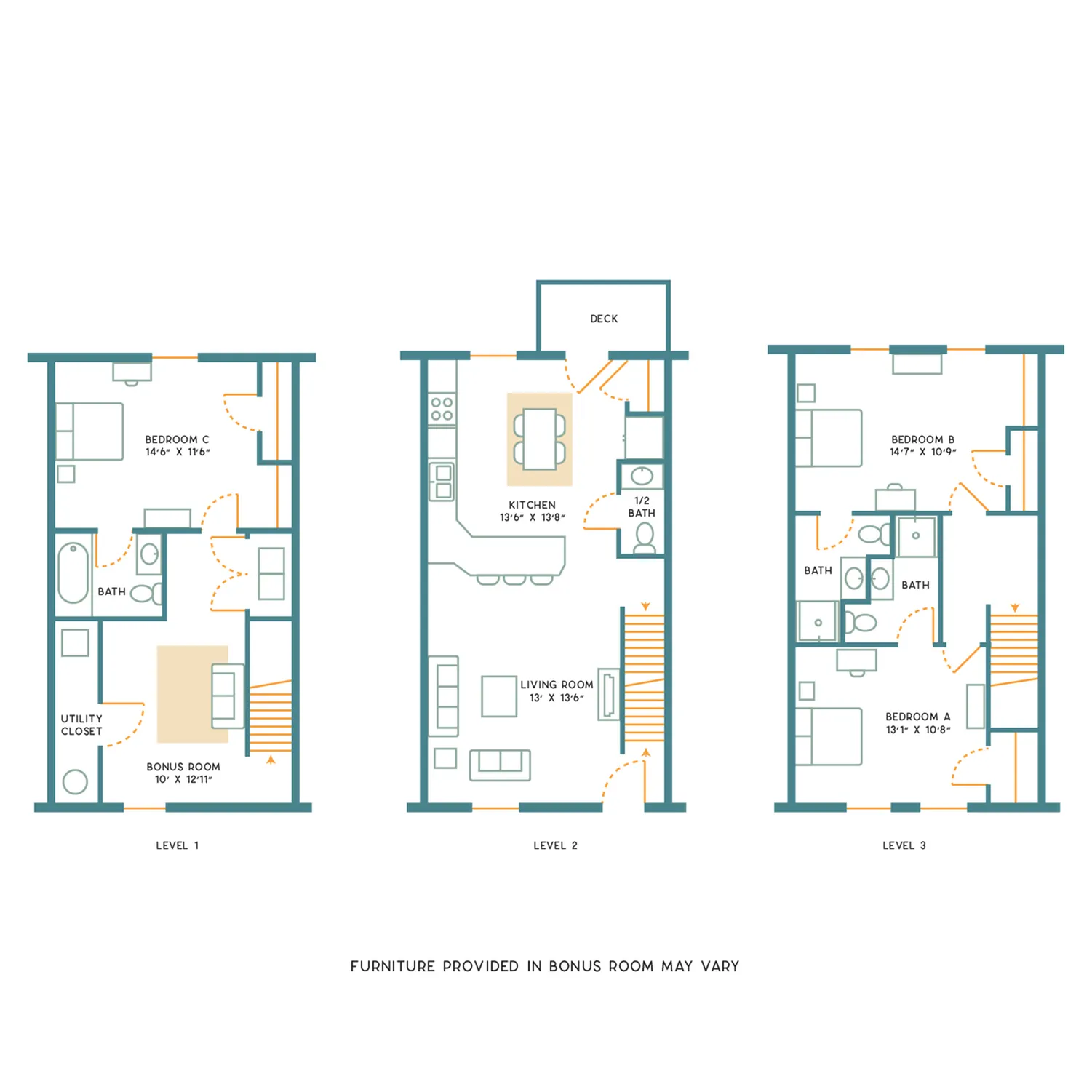 Chic 3-level floor plan featuring 3 bedrooms, spacious living room, modern kitchen, bonus room, and private deck.