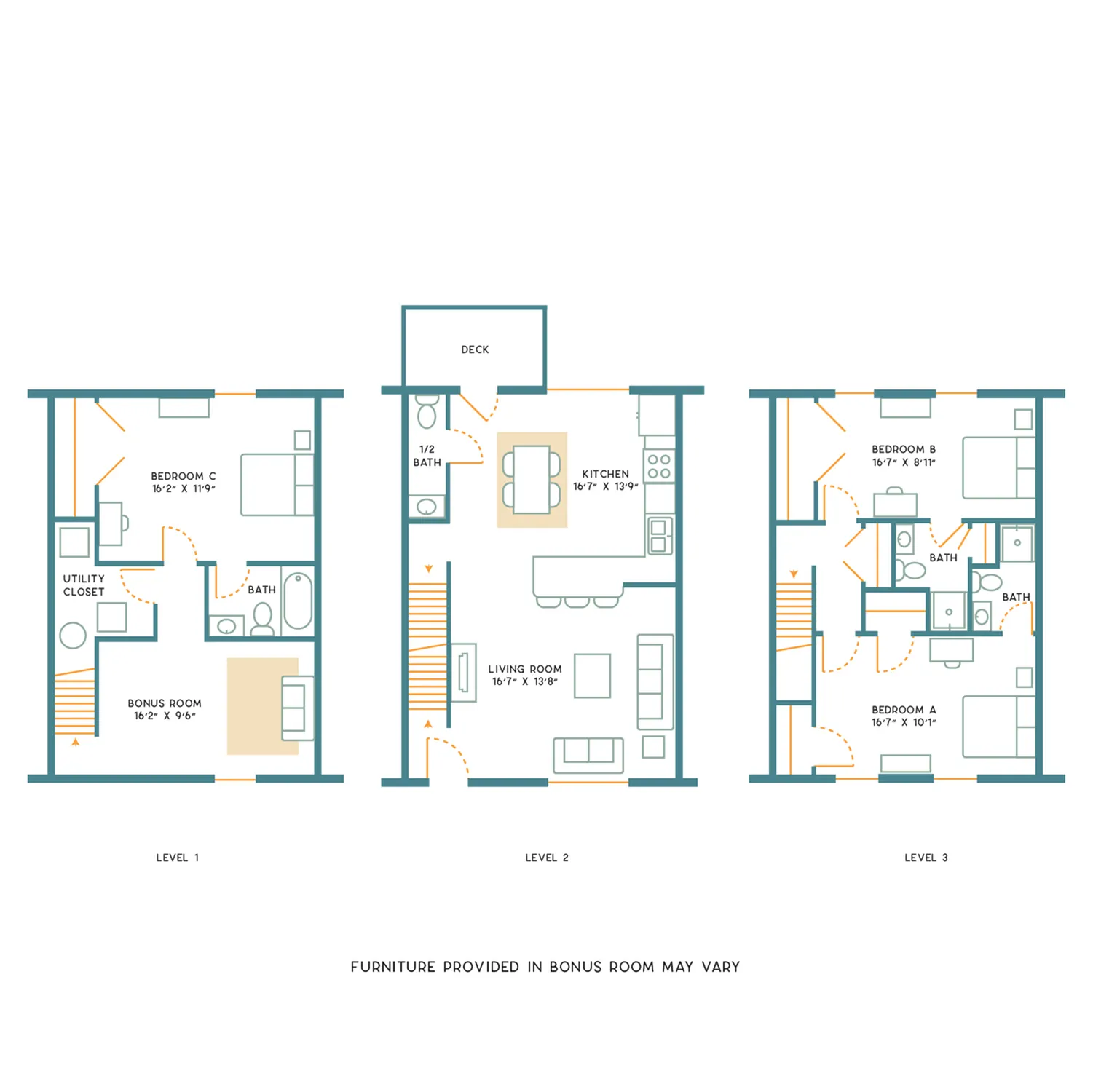 Modern three-level floor plan with 3 bedrooms, a bonus room, and an open living area, complete with a deck and spacious kitchen.