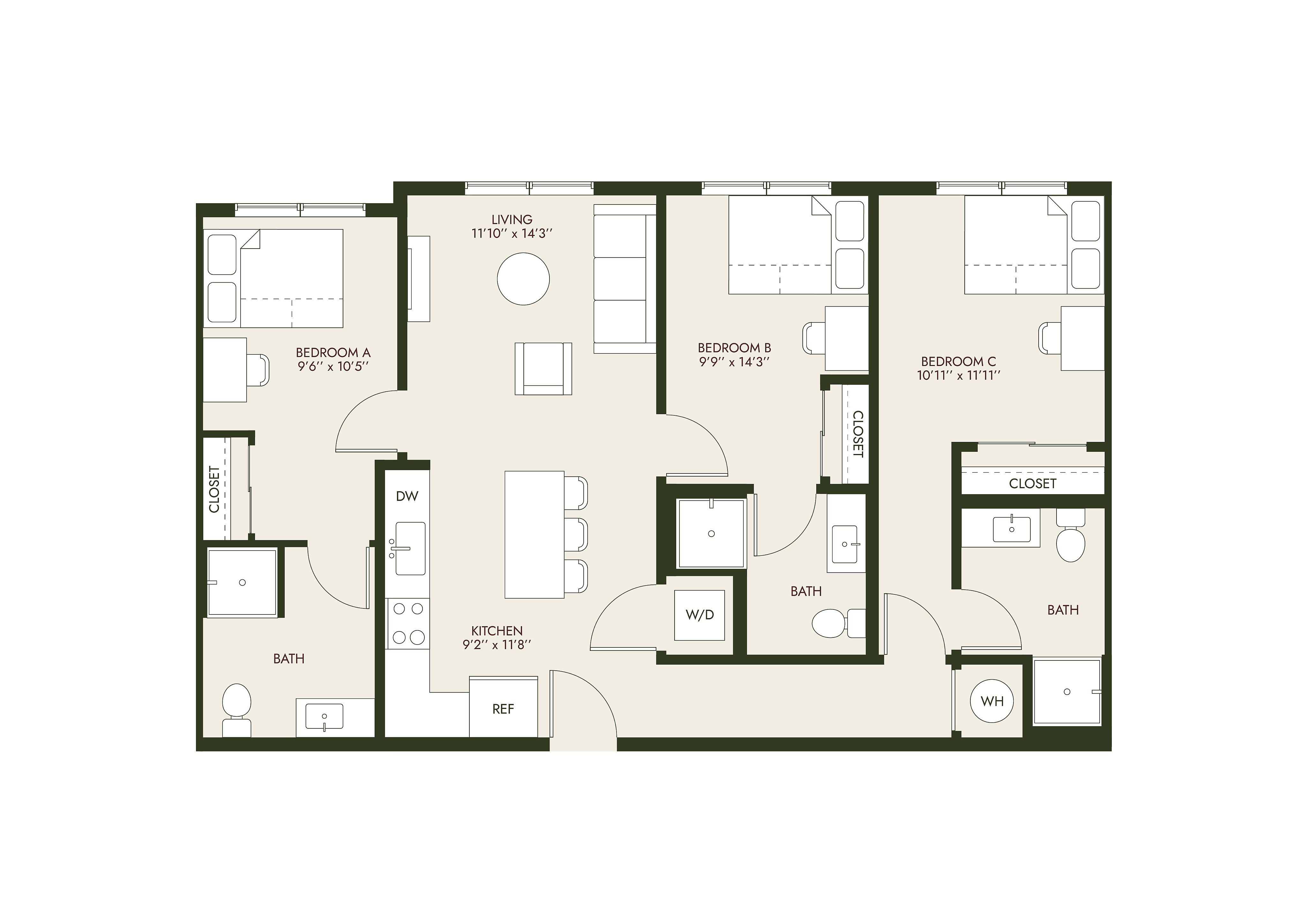 HeyDay Blacksburg - Three-Bedroom Floor Plan