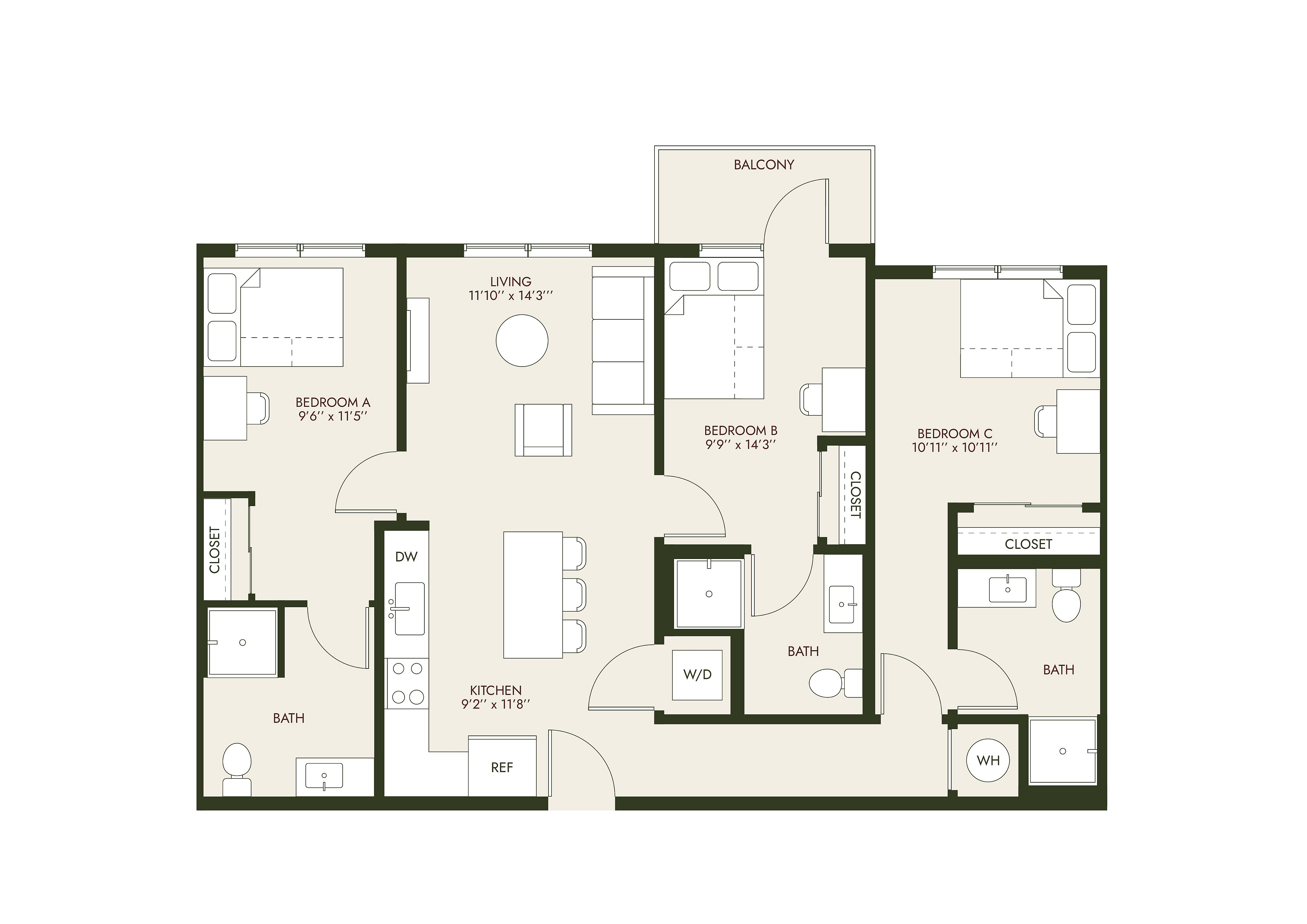 HeyDay Blacksburg - Three Bedroom Layout