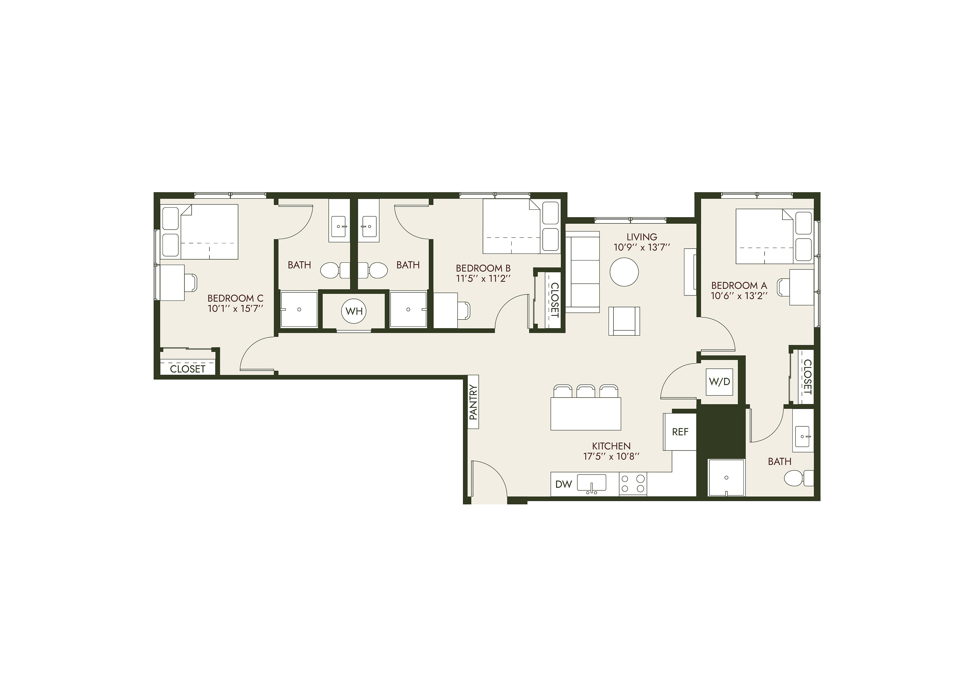 HeyDay Blacksburg - Three-Bedroom Floor Plan