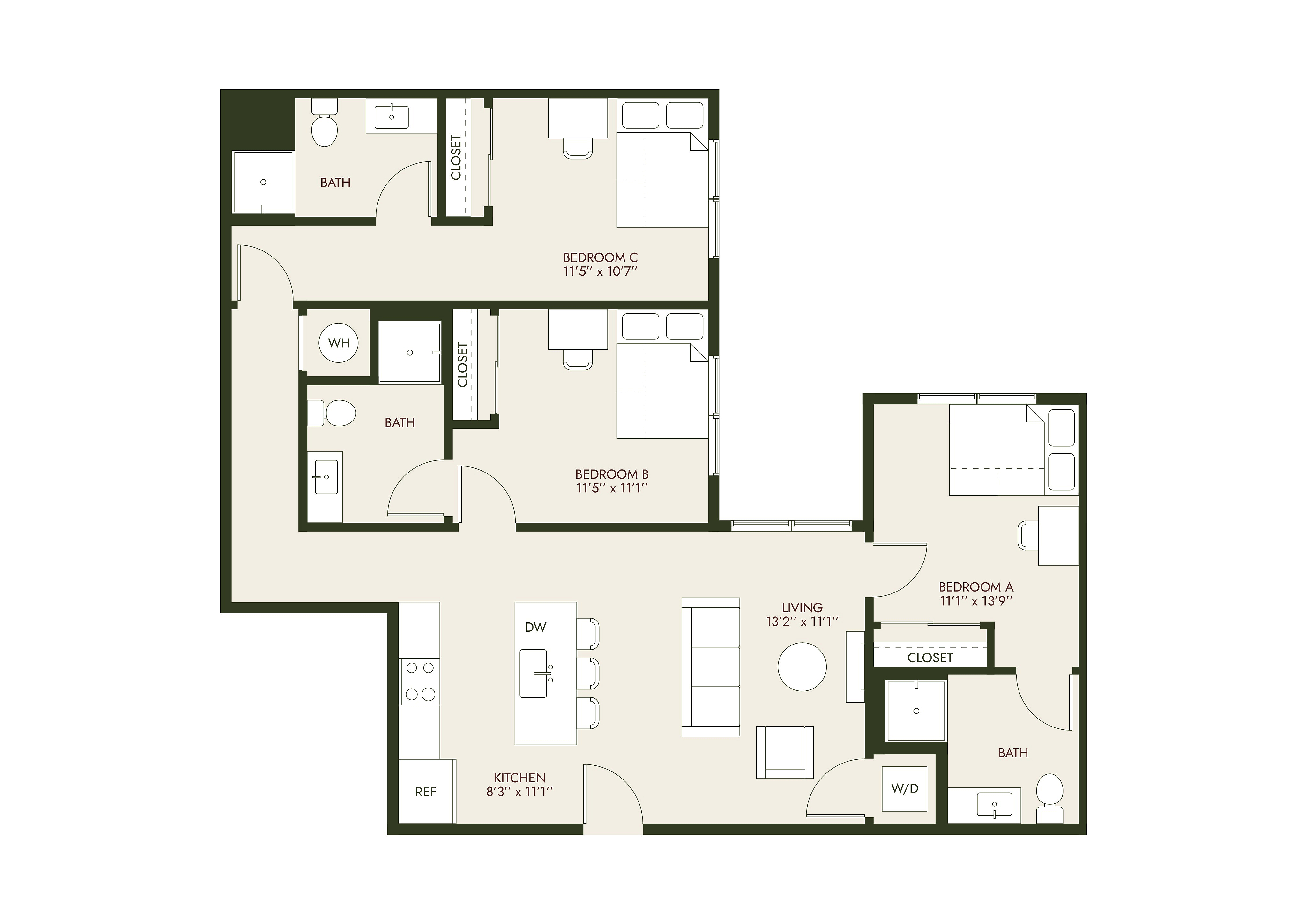 HeyDay Blacksburg - Three-Bedroom Floor Plan