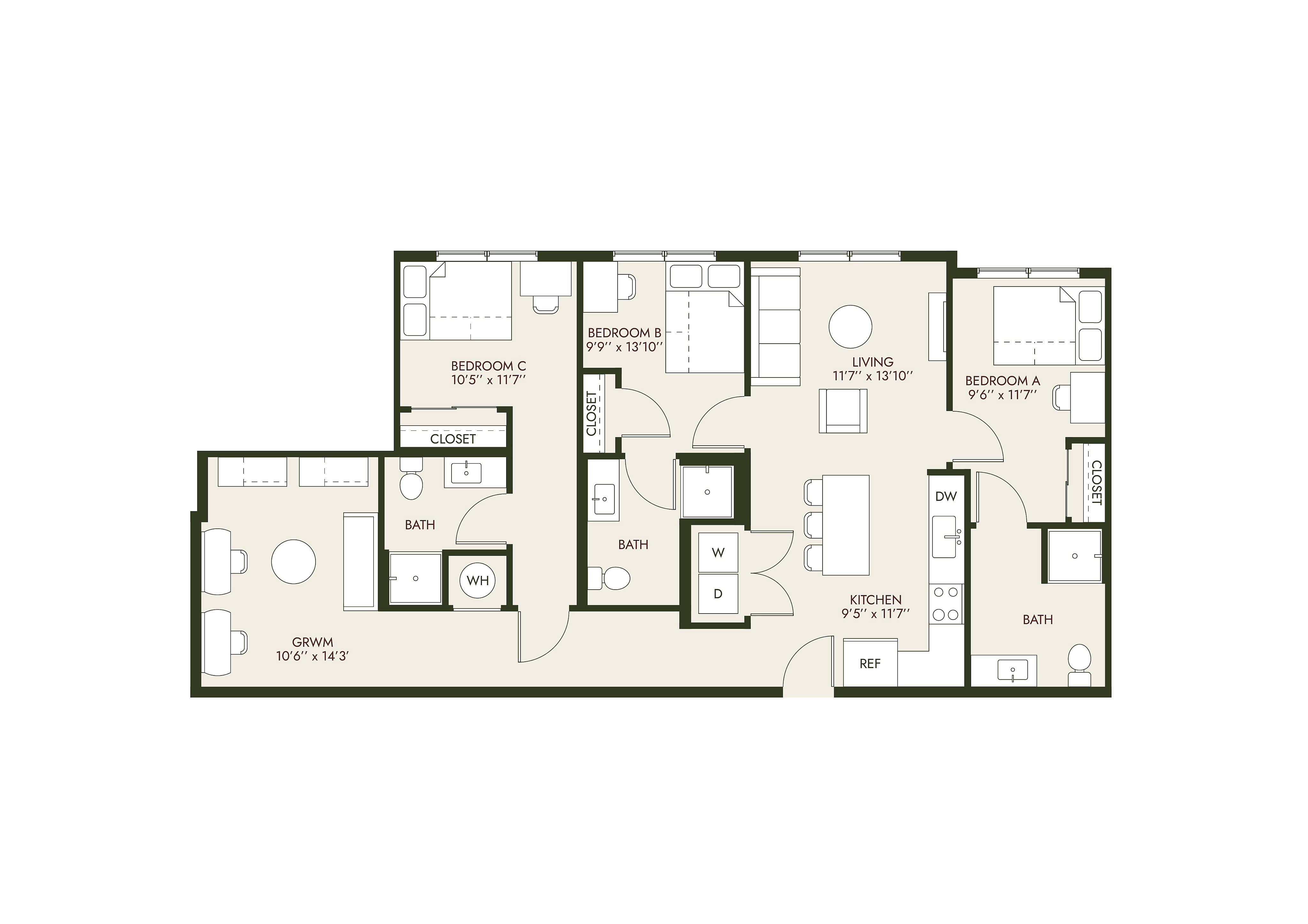 HeyDay Blacksburg - Three-Bedroom Floor Plan