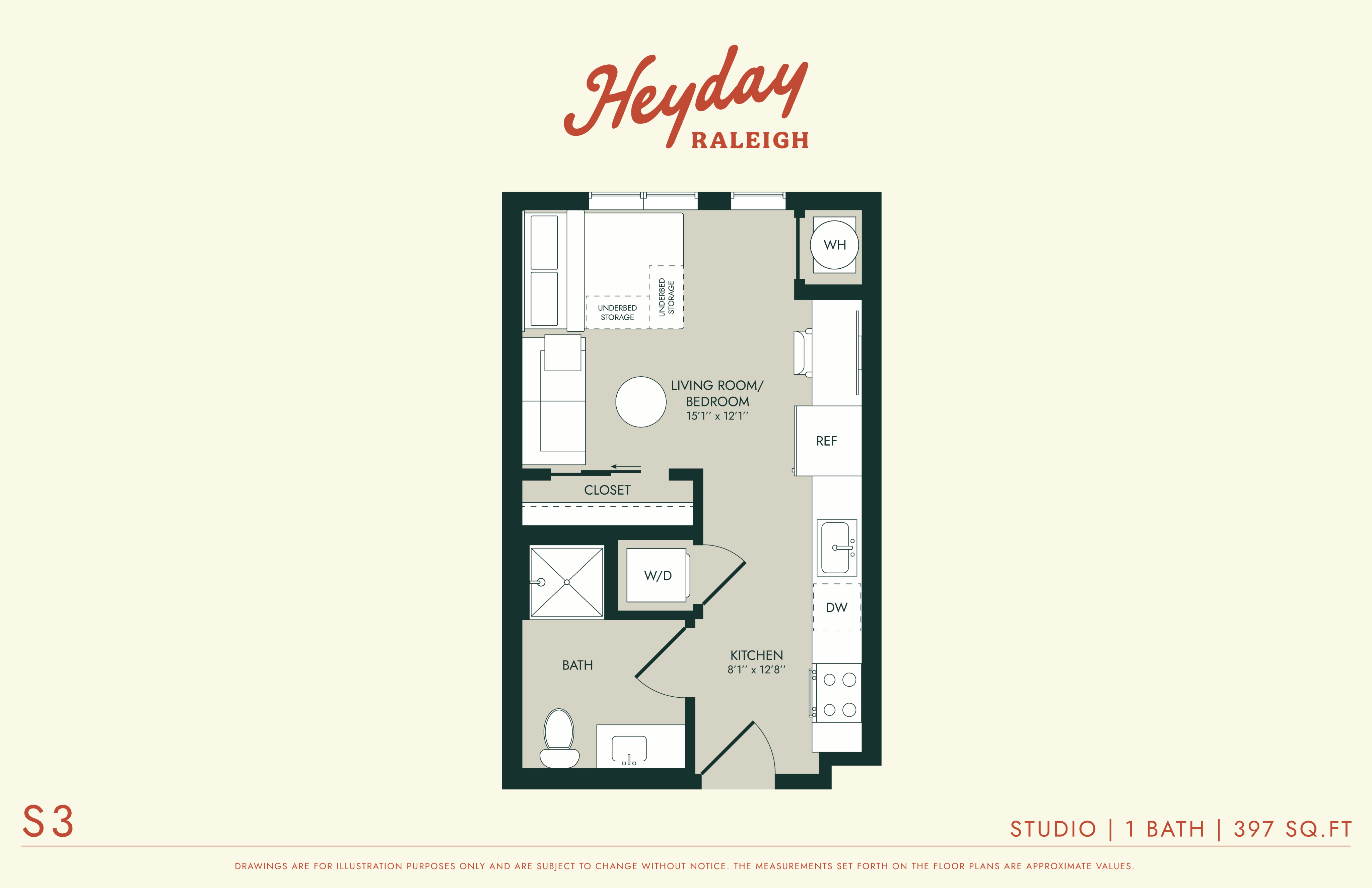 HeyDay Raleigh - Studio Floorplan