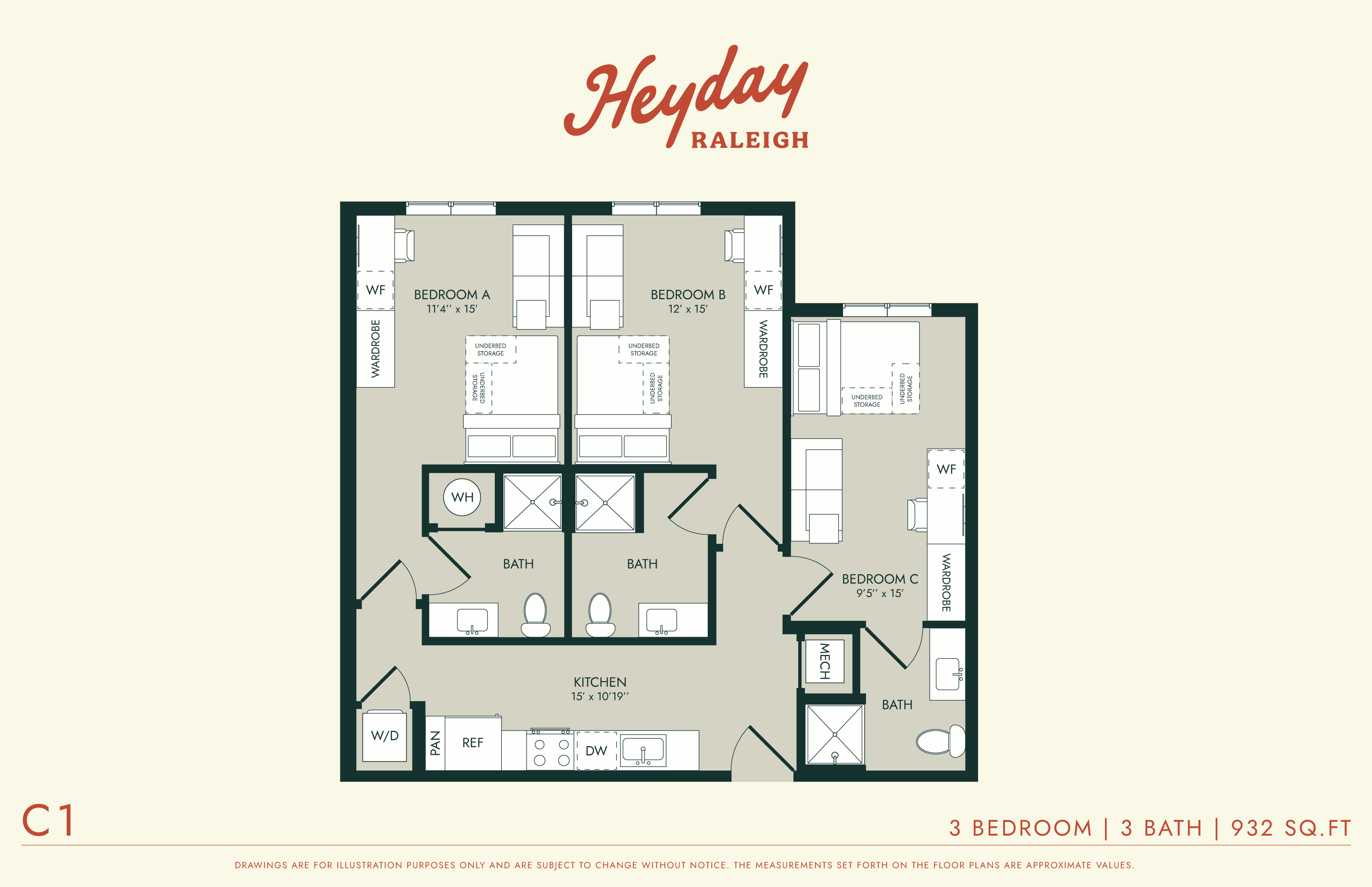 HeyDay Raleigh - 3 Bedroom Floor Plan