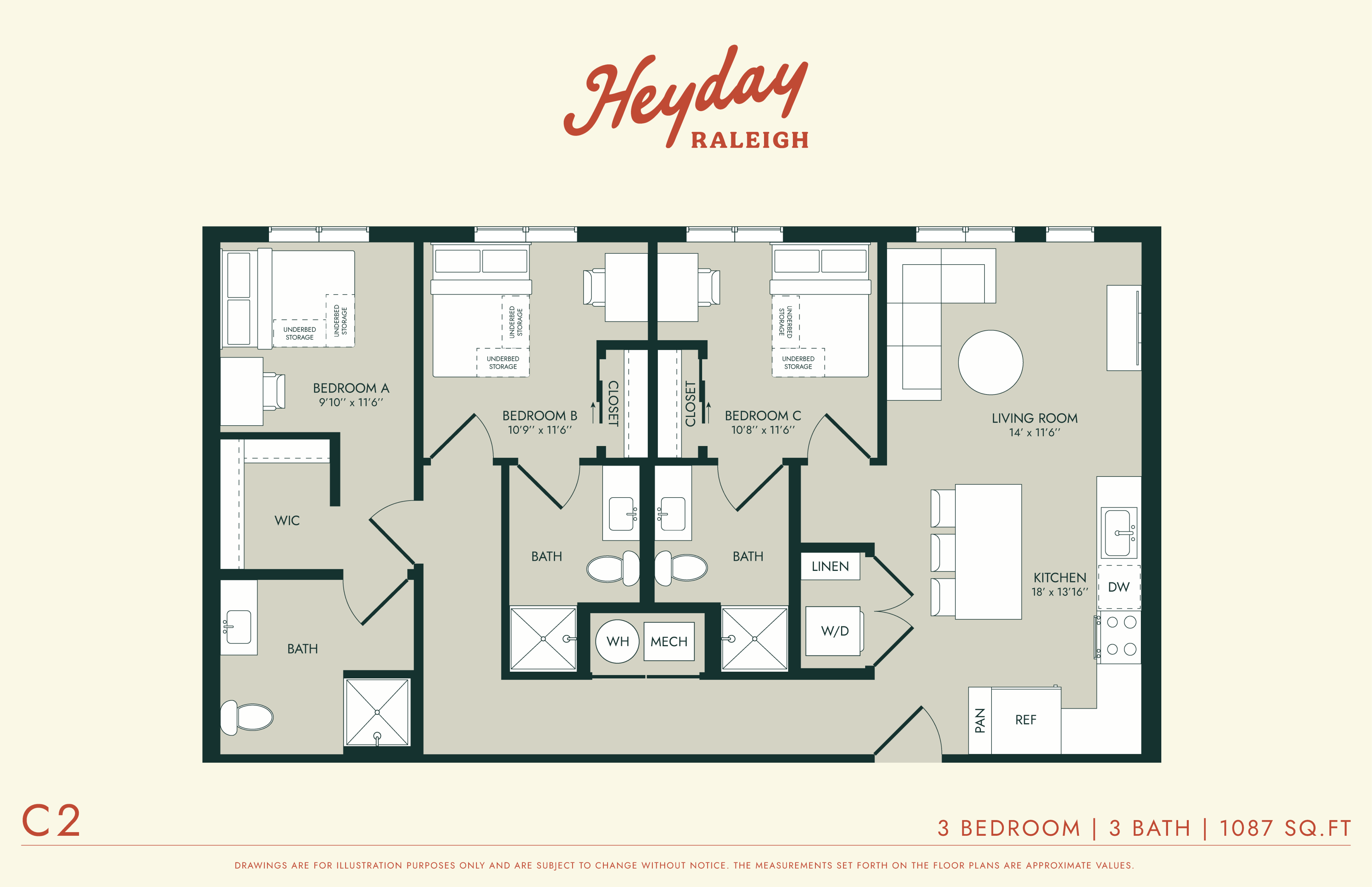 HeyDay Raleigh - Three Bedroom Floorplan