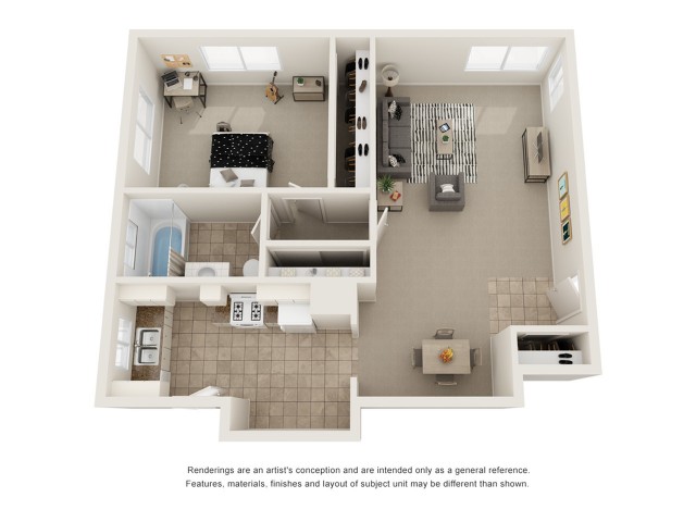 One bedroom one bath floor plan image showing open living room and dining room,. galley kitchen, one bathroom, and a spacious bedroom