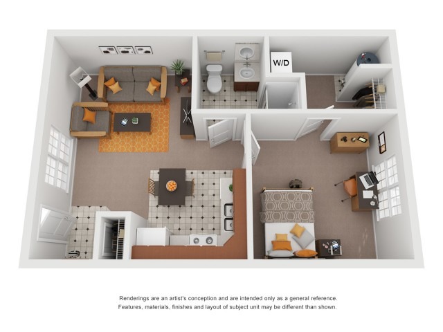 One bedroom one bath floor plan with open concept kitchen living room
