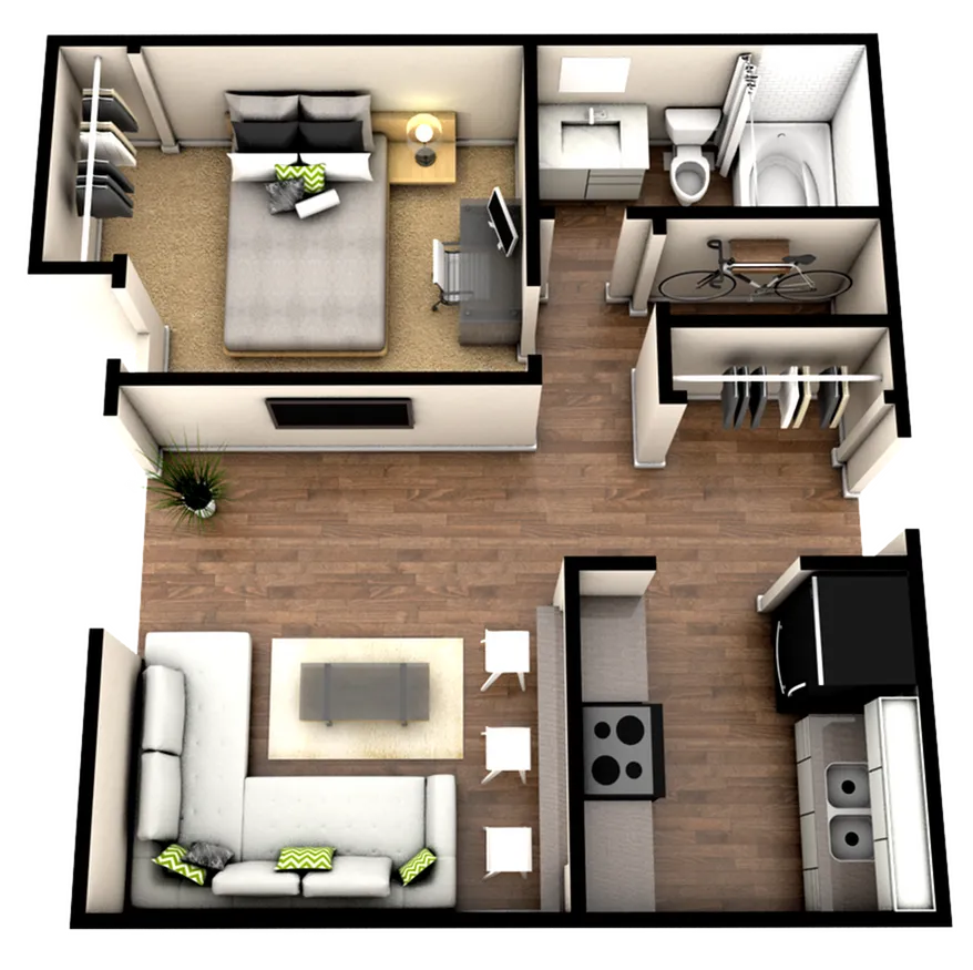 1-Bedroom 3-D Floorplan