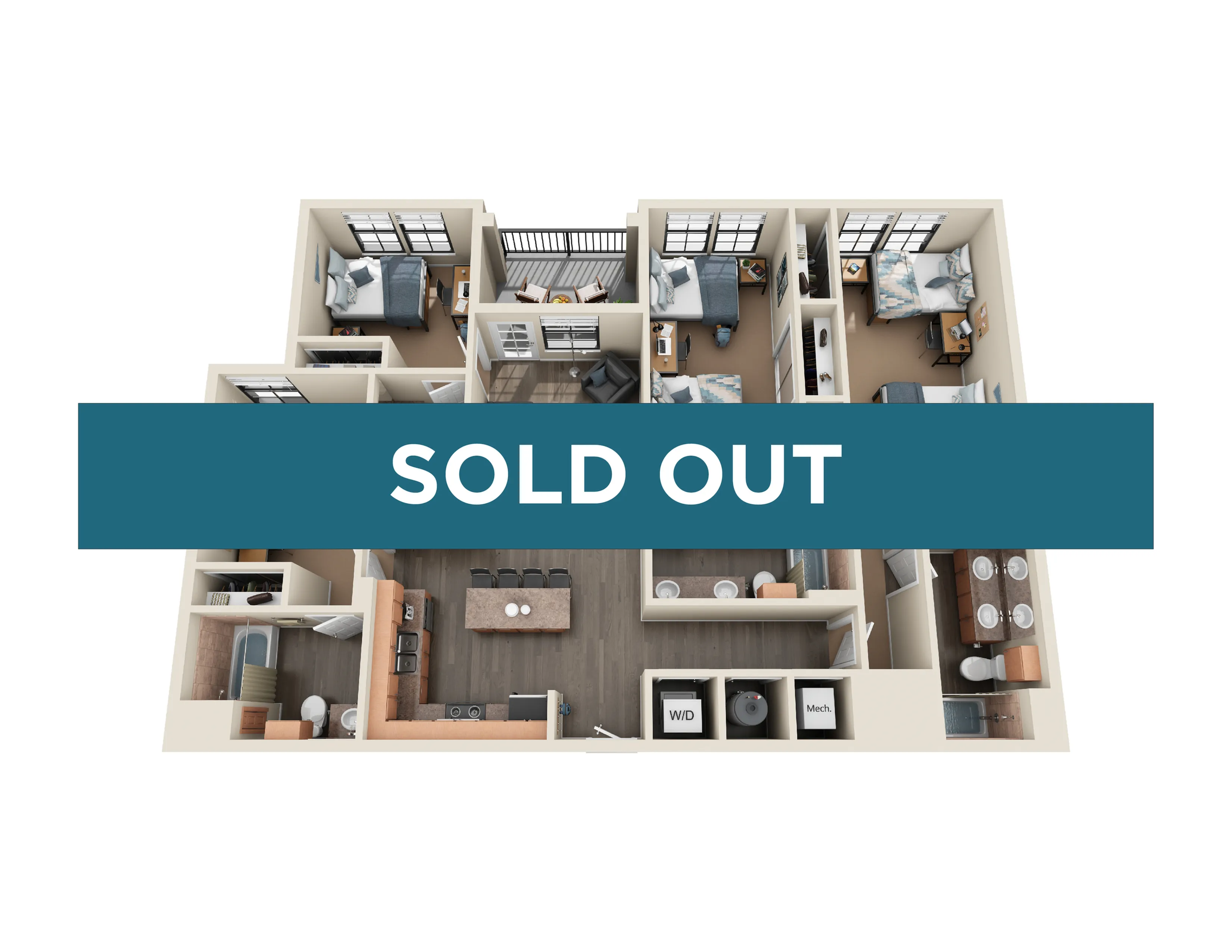 Modern 3D floor plan featuring 3 bedrooms, sleek open kitchen, and cozy living area, marked as sold out.