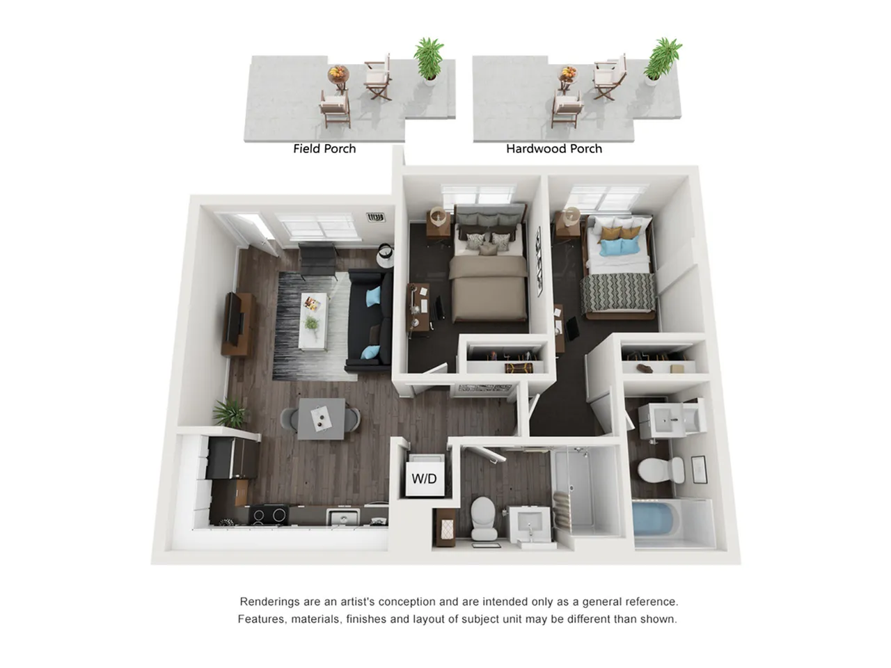 Contemporary 3D floor plan showcasing 2 bedrooms, a stylish living area, modern kitchen, and dual porches.