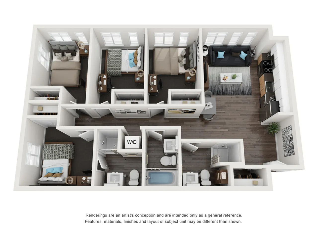 Modern 3D floor plan showcasing three stylish bedrooms, an elegant living area, sleek kitchen, and convenient laundry space.
