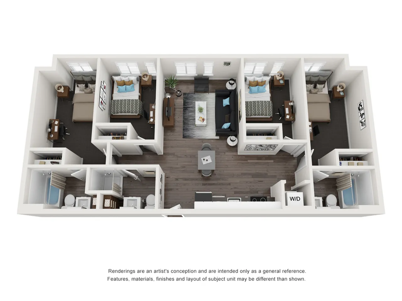 Modern 3D floor plan featuring three spacious bedrooms, a stylish living area, and a contemporary kitchen with elegant finishes.