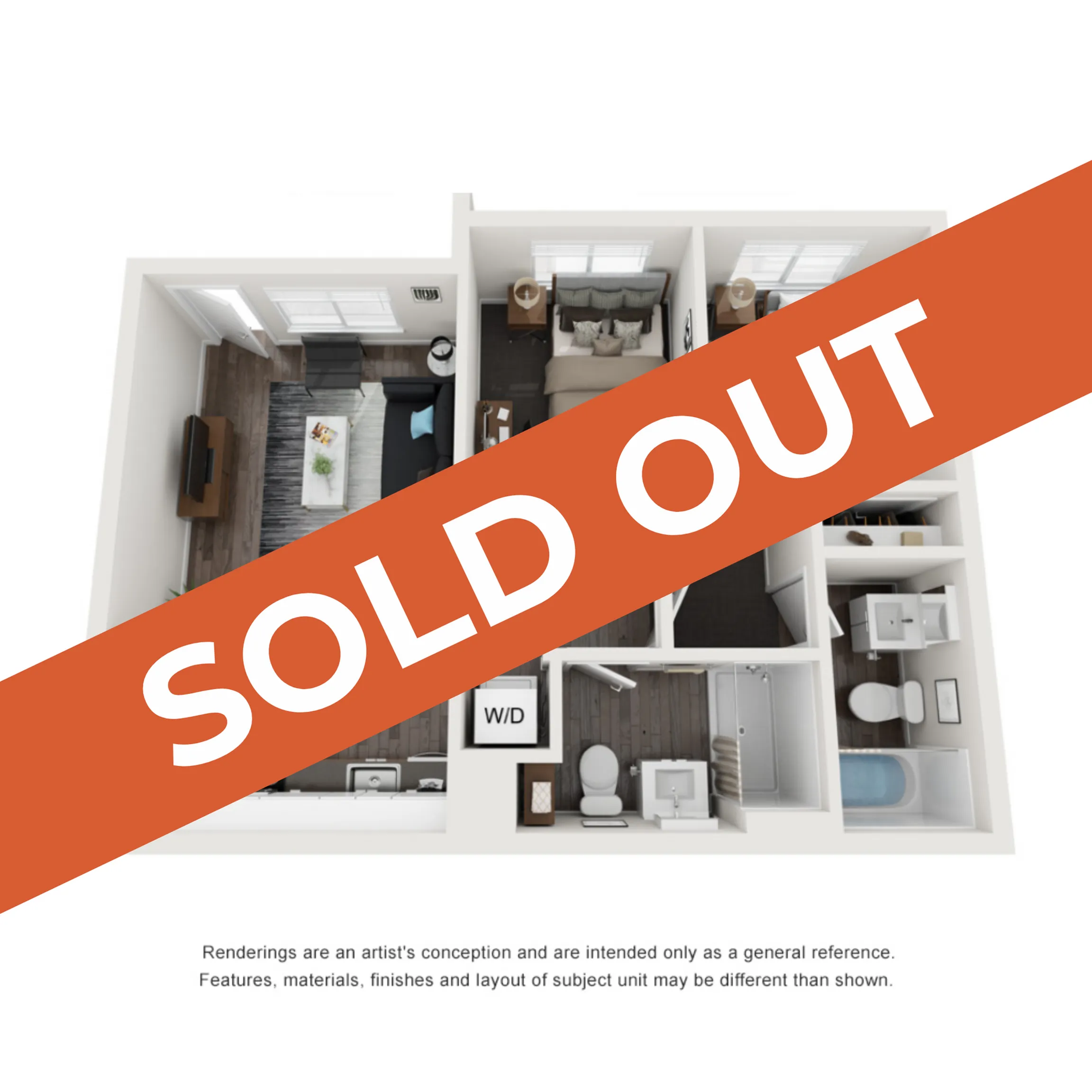 Modern 3D floor plan showcasing a cozy apartment with two bedrooms, elegant living area, and well-equipped kitchen, now sold out.