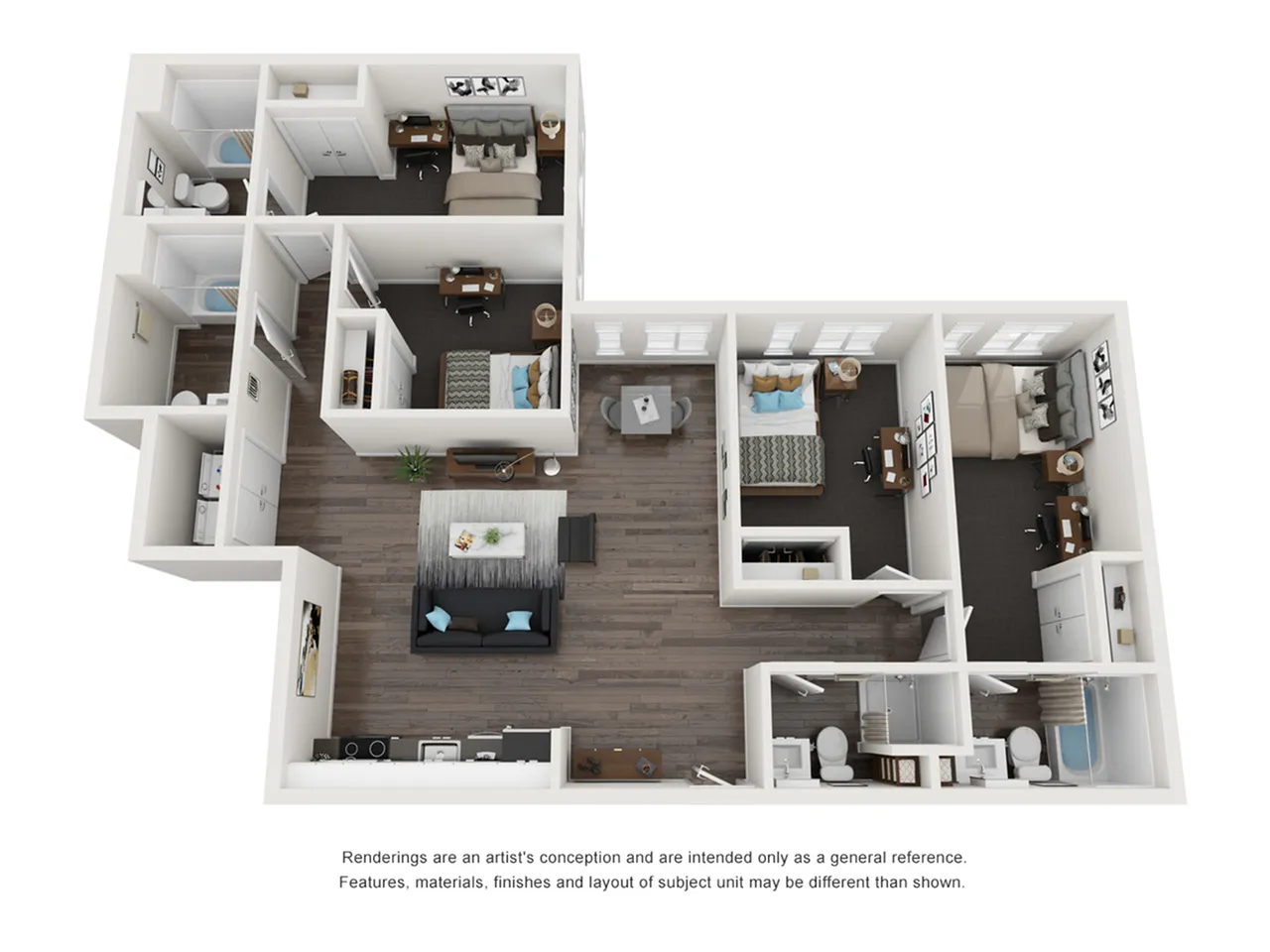 Modern 3D floor plan showcasing a stylish apartment with three bedrooms, two bathrooms, spacious living area, and a contemporary kitchen.