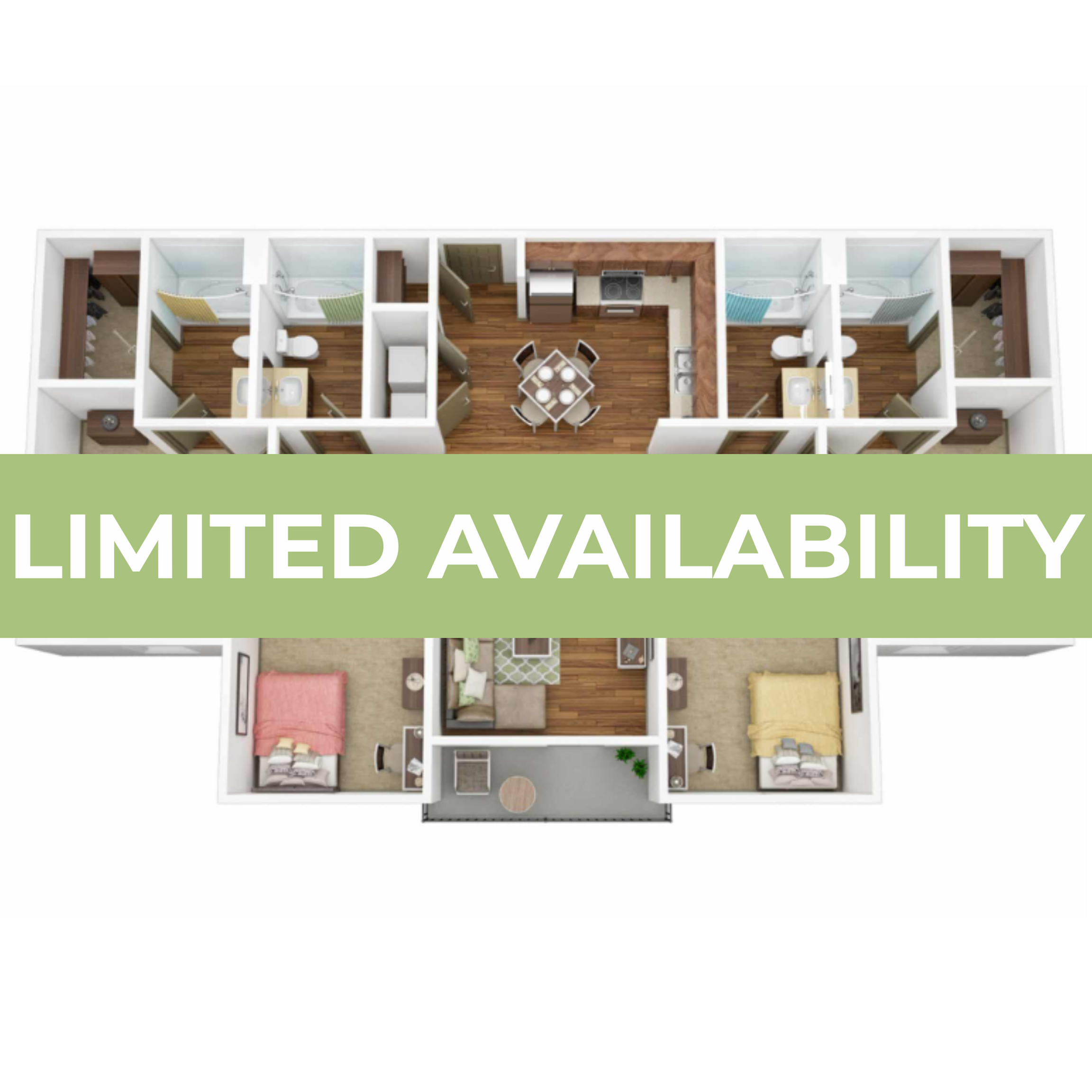 Chic 3D floor plan of a modern apartment featuring 3 bedrooms, a central open kitchen, and cozy living areas. Limited availability adds exclusivity.