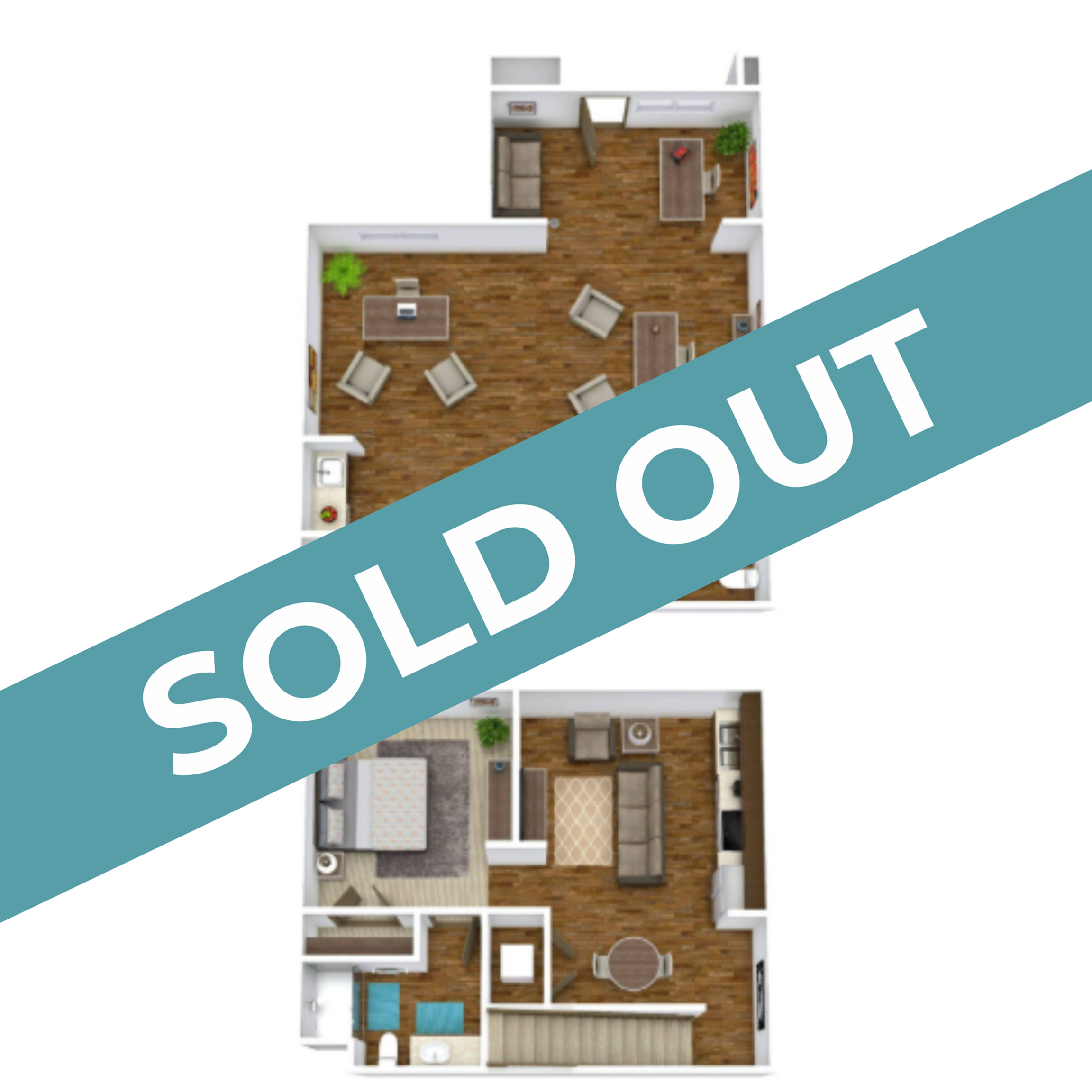 Contemporary 2D floor plan featuring an inviting open-concept living area, stylish kitchen, and cozy bedroom. Sold Out.