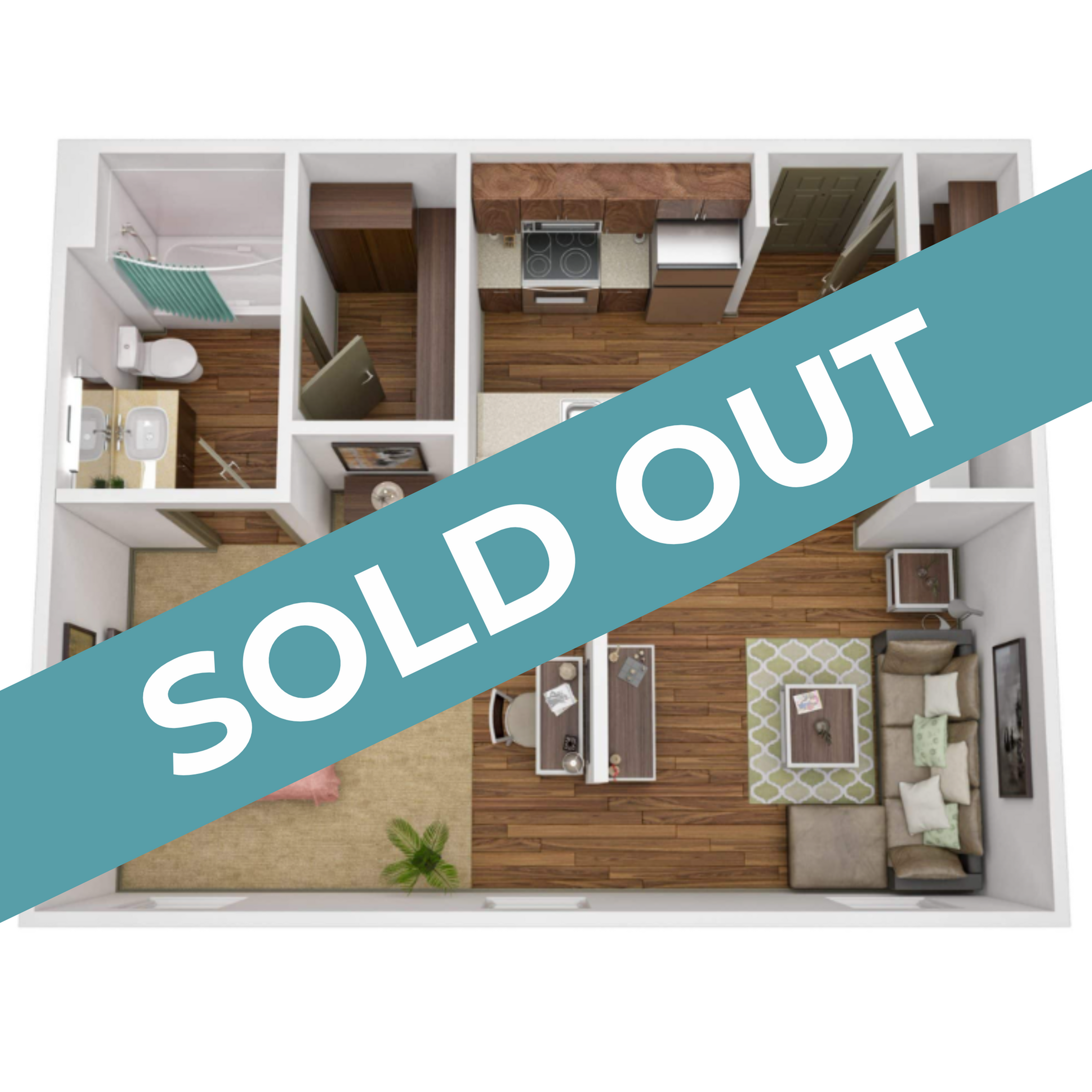 Chic 3D floor plan showcasing a modern one-bedroom apartment with an open-concept living area and sleek kitchen; now sold out.