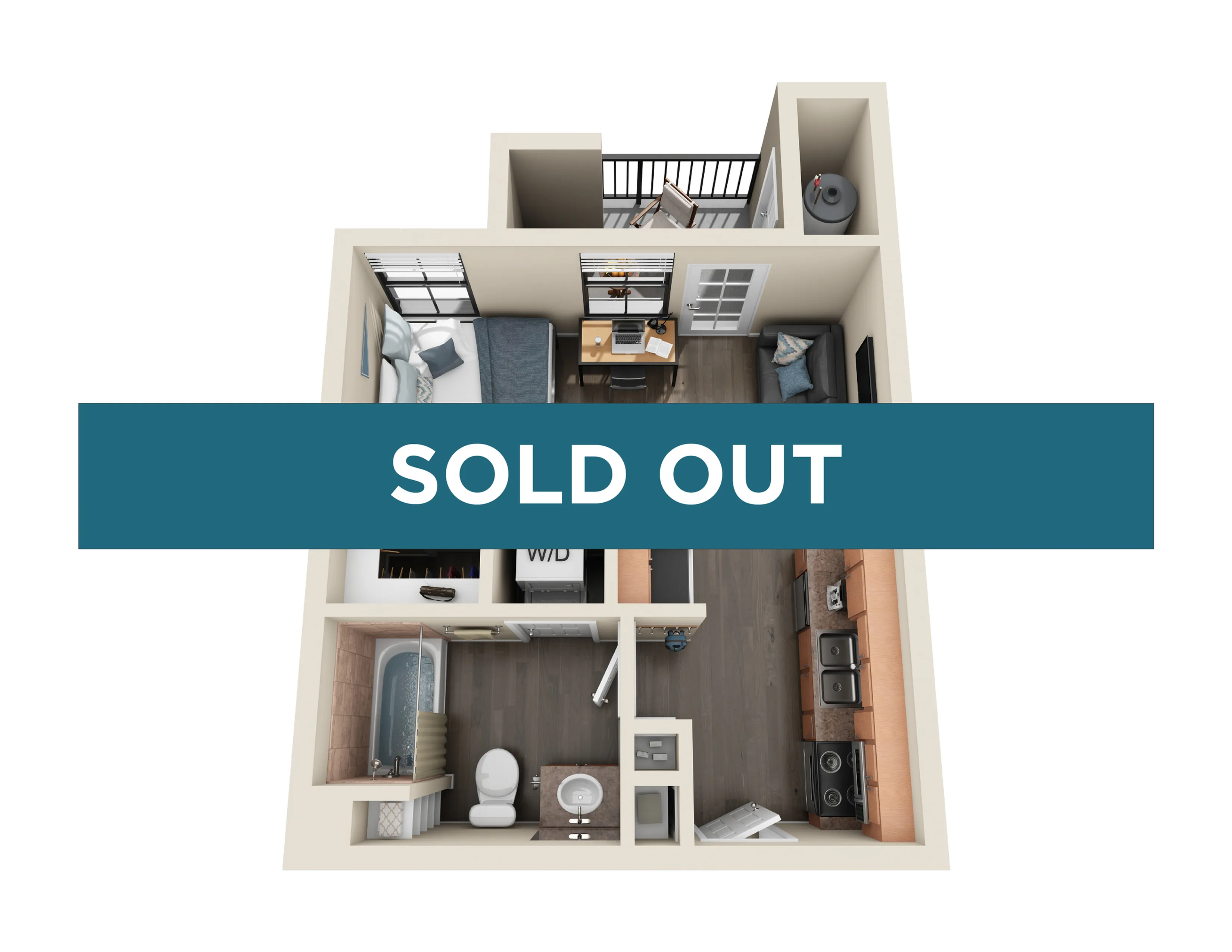 Chic 3D floor plan with a cozy bedroom, stylish living room, compact kitchen, and private balcony, showcasing modern apartment layout.