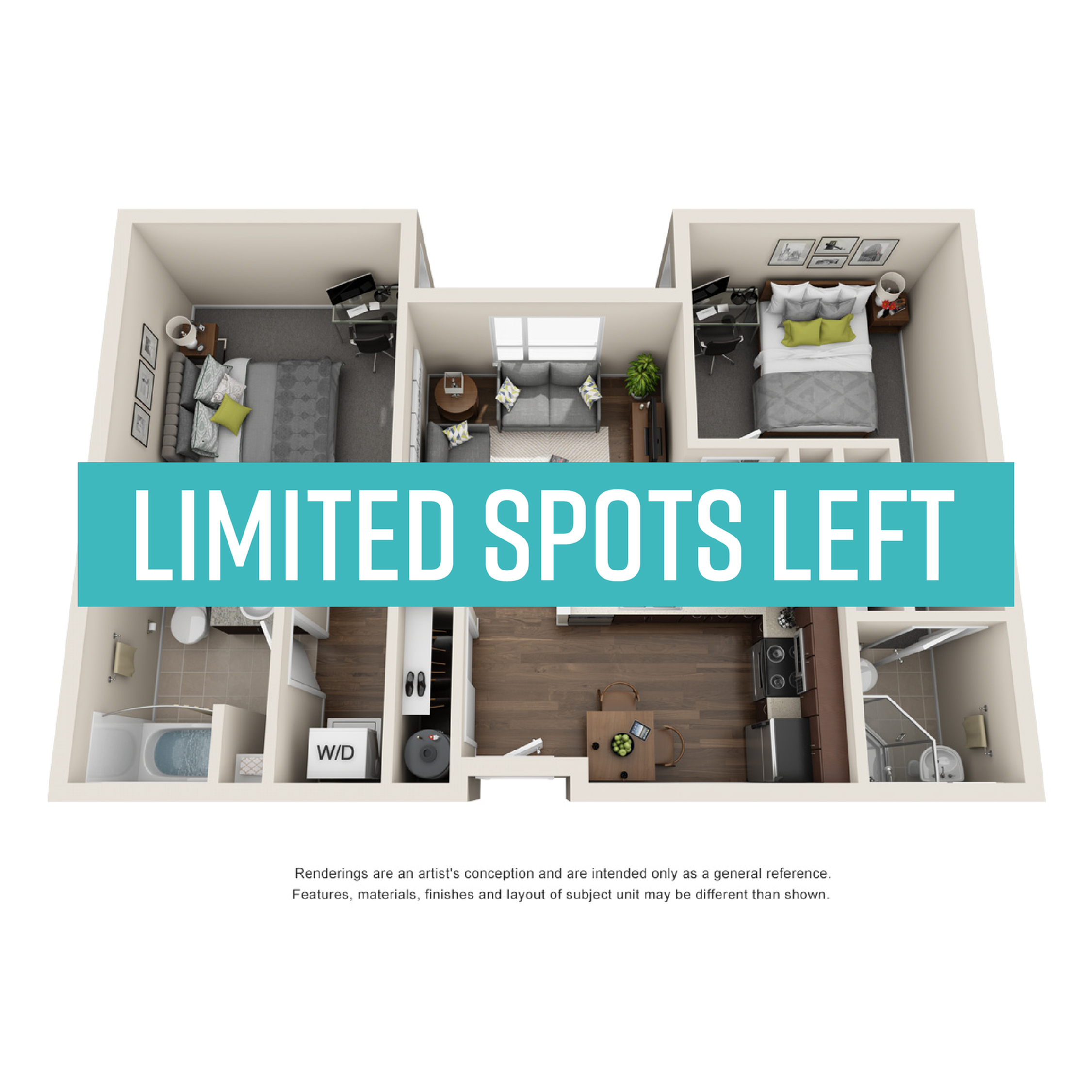 Modern 3D floor plan showcasing two bedrooms, a cozy living area, and a sleek kitchen with limited spots available.