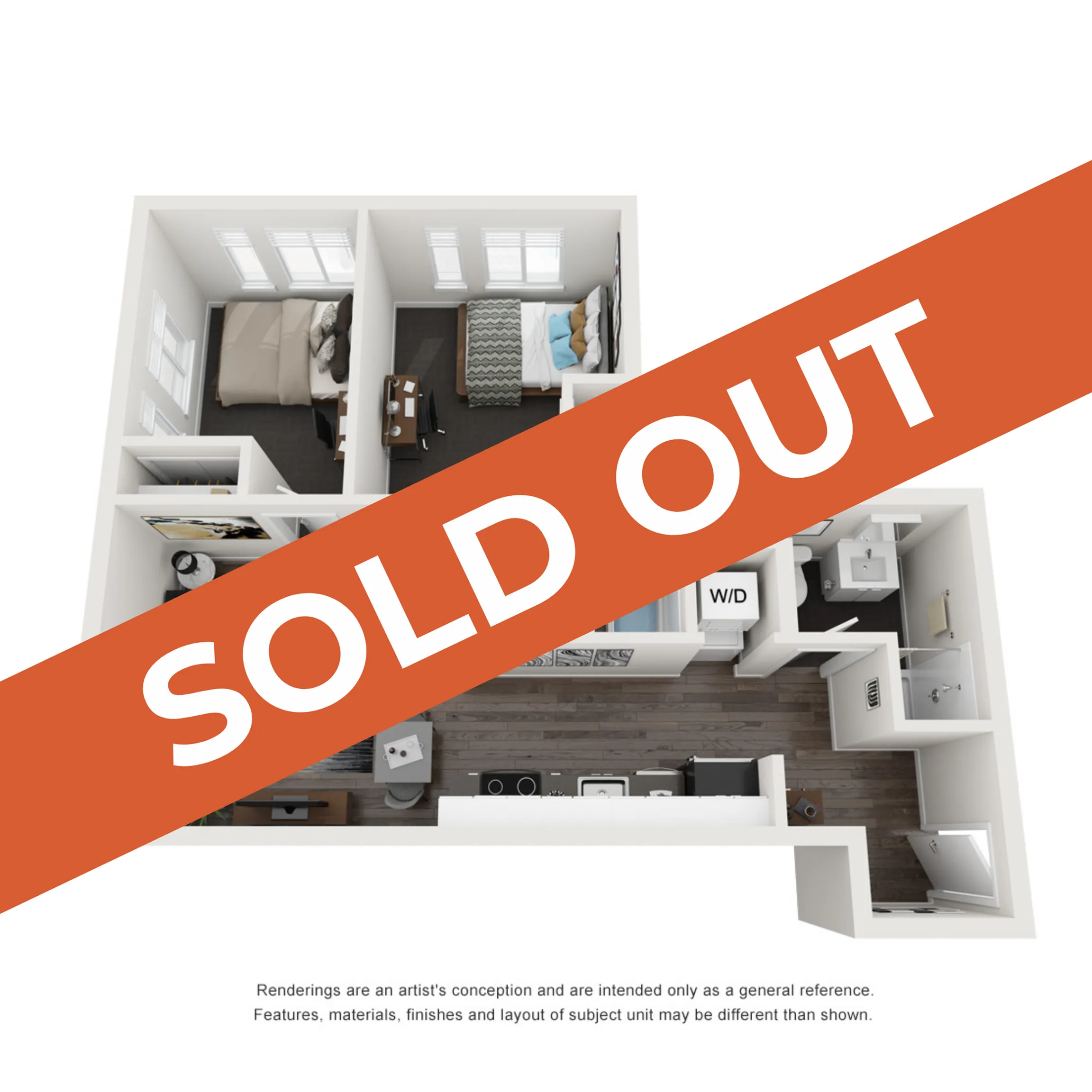 Contemporary 3D apartment floor plan showcasing 2 cozy bedrooms, a modern bathroom, and an open living area, now sold out.
