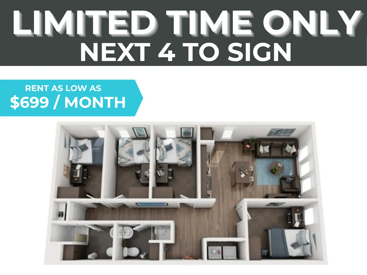Limited time offer on this modern 3D apartment floor plan with 2 cozy bedrooms, spacious living area, and stylish kitchen for just $699 per month.