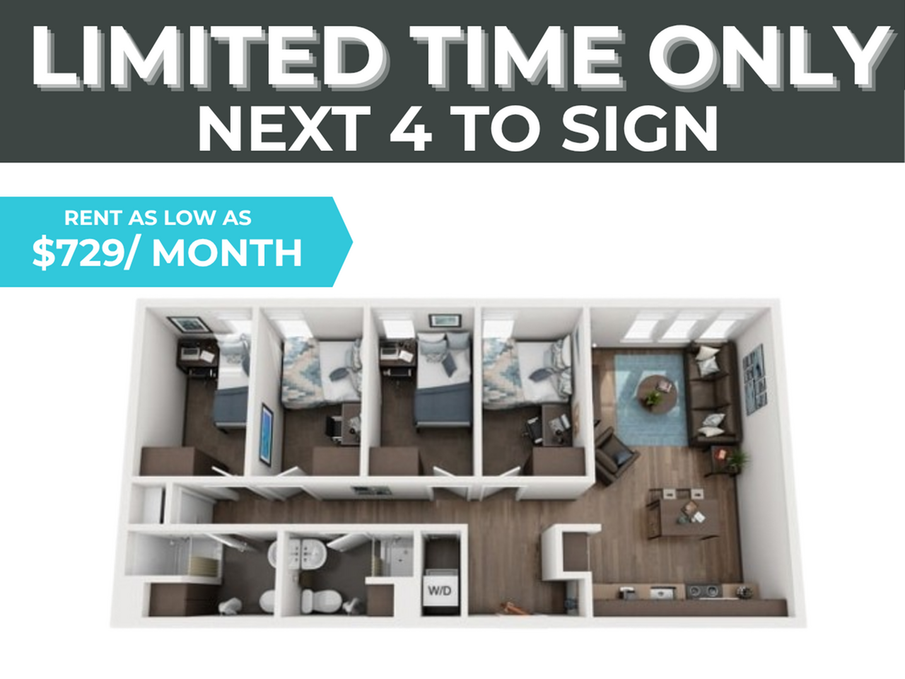 Inviting 3D floor plan showcasing 3 cozy bedrooms, spacious living room, modern kitchen, and efficient layout. Limited time offer: rent as low as $729/month.