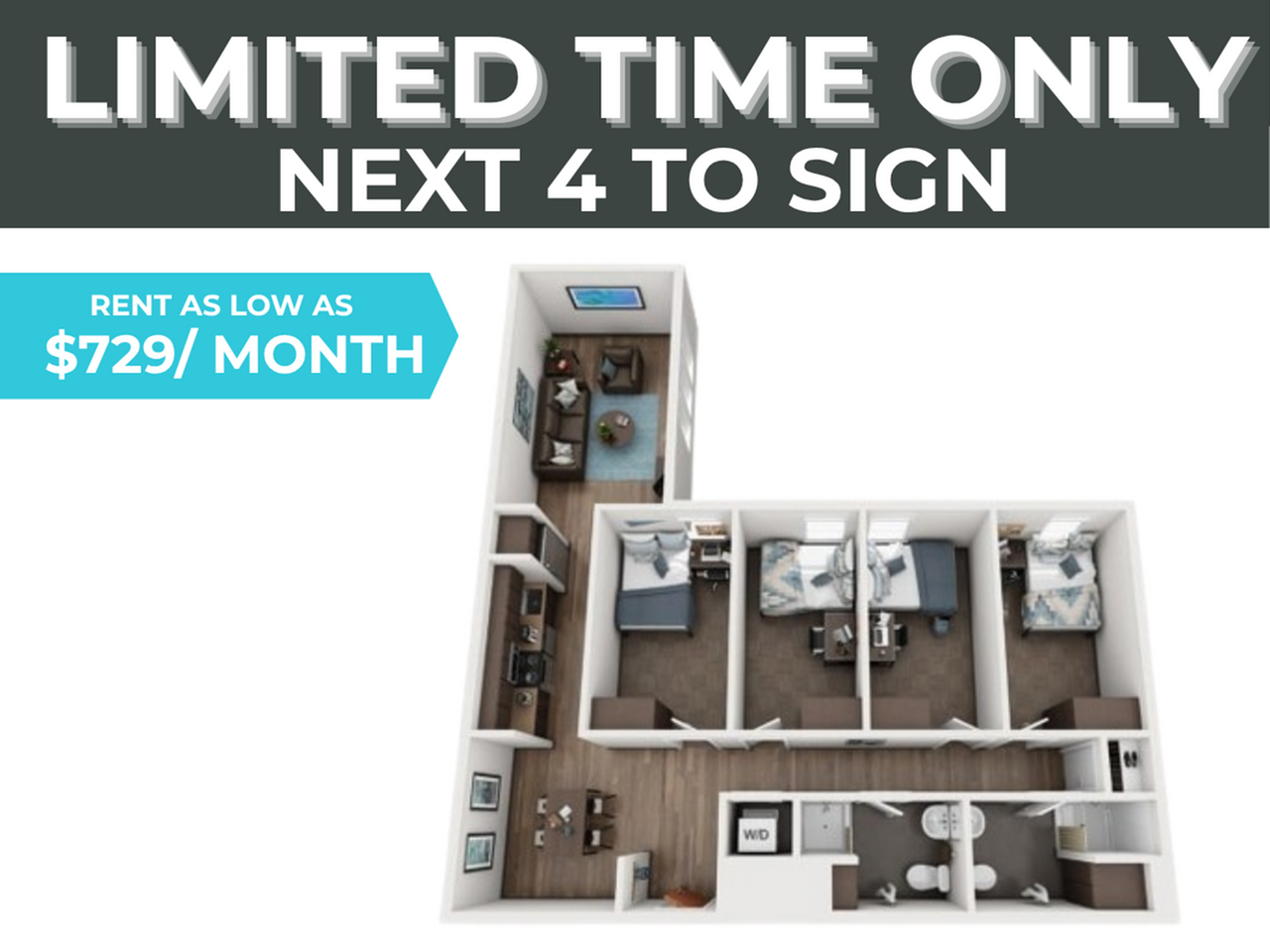 Modern 3D floor plan featuring three bedrooms, a cozy living area, and a well-equipped kitchen. Limited time offer with rent starting at $729/month.