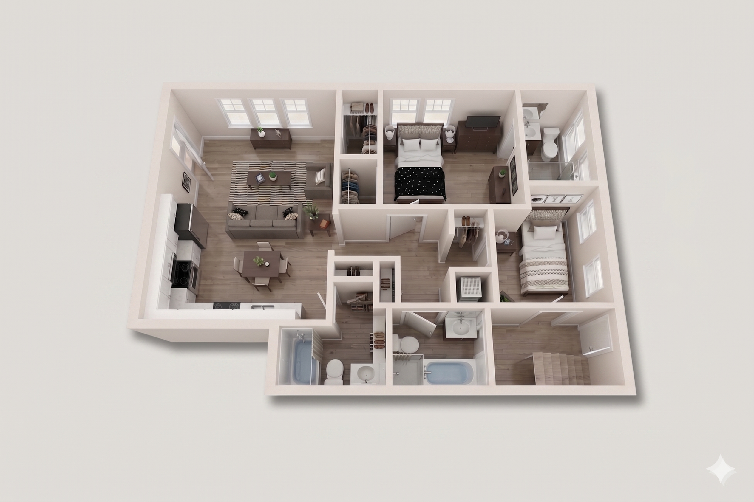 Elegant 3D floor plan showcasing an open-concept living room, two cozy bedrooms, modern kitchen, and two stylish bathrooms.