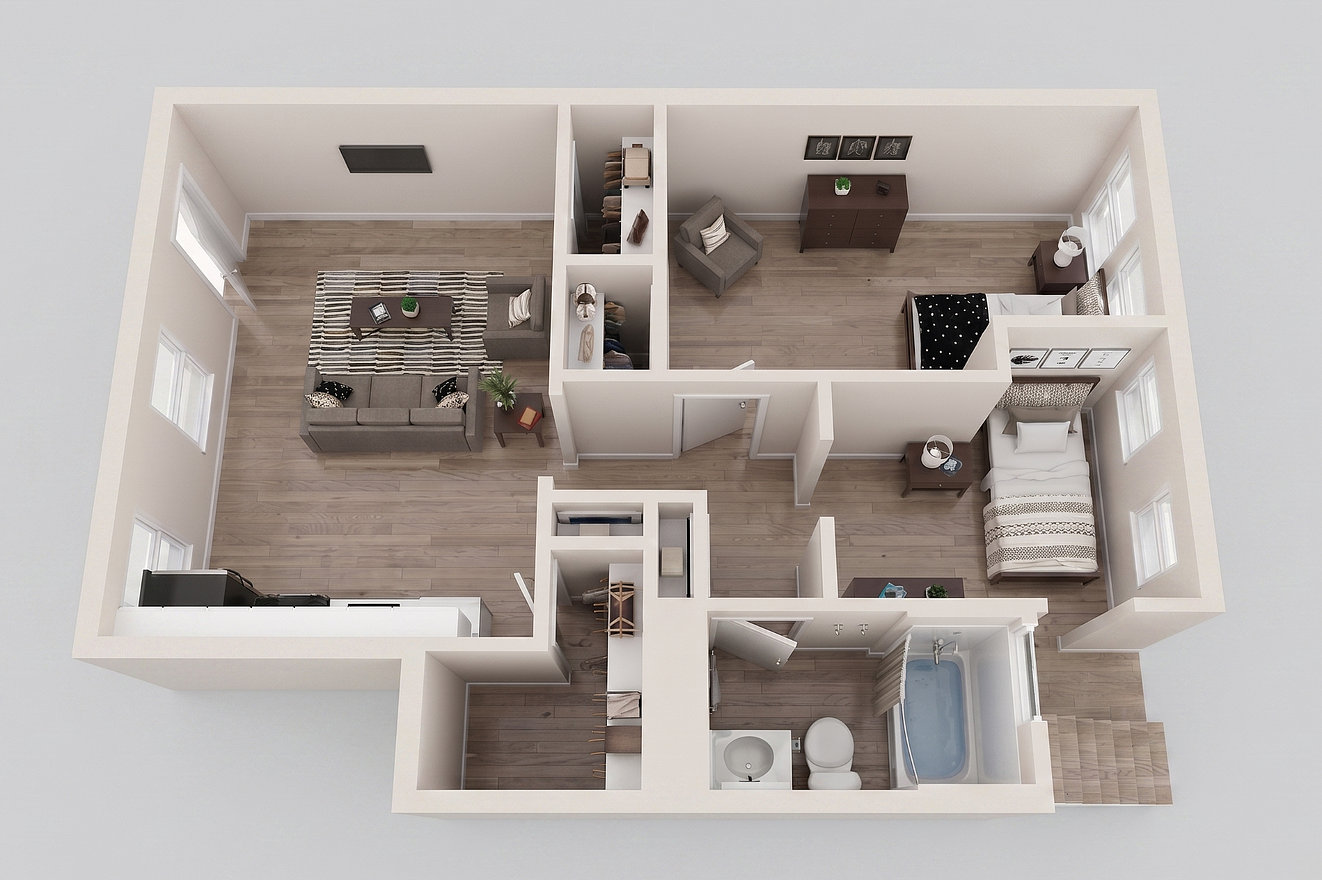 Modern 3D floor plan showcasing a cozy 2-bedroom apartment with open living area, stylish kitchen, and luxurious bathroom.