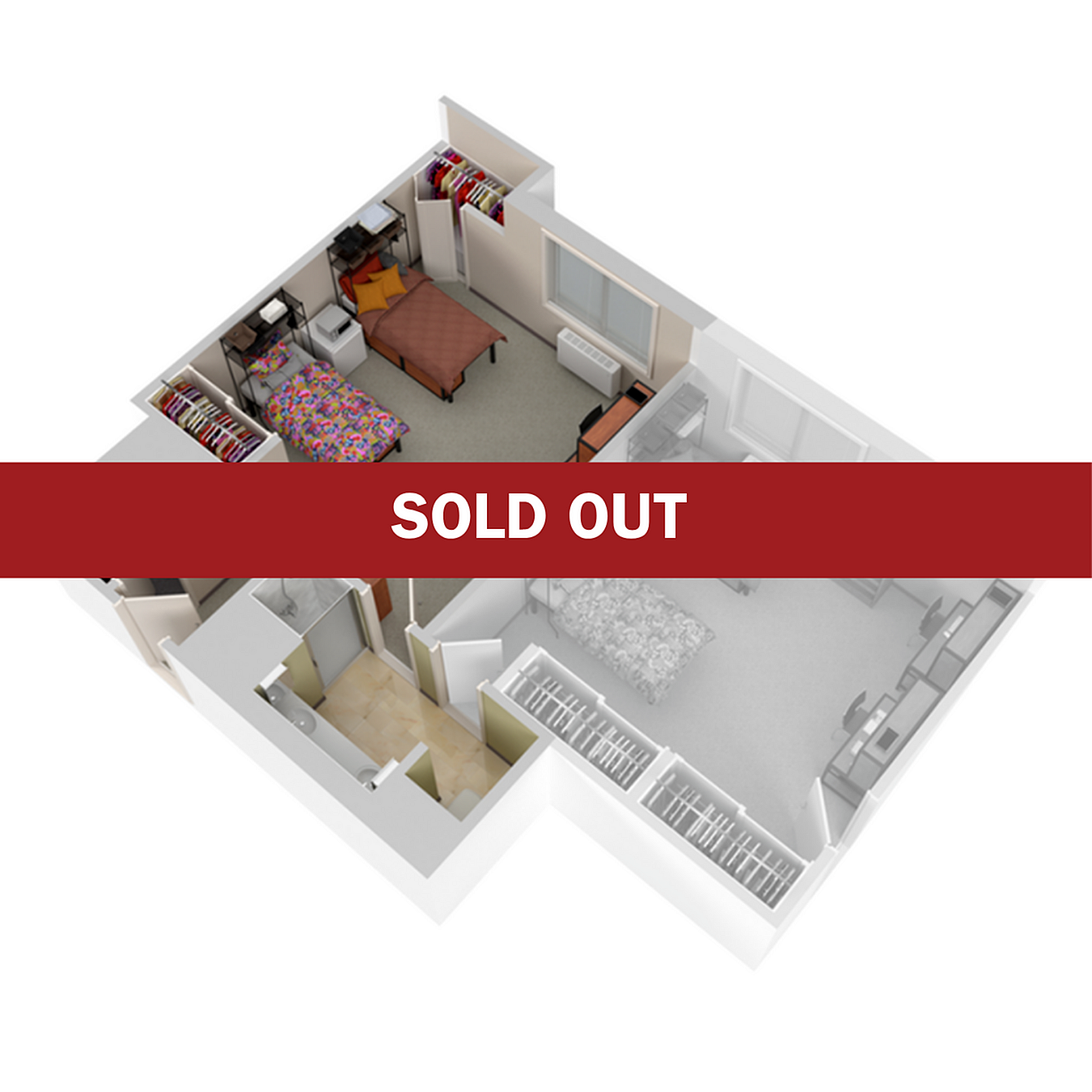 Modern 3D floor plan of a sold-out apartment, showcasing two cozy bedrooms, a sleek bathroom, and a stylish open-plan living area.
