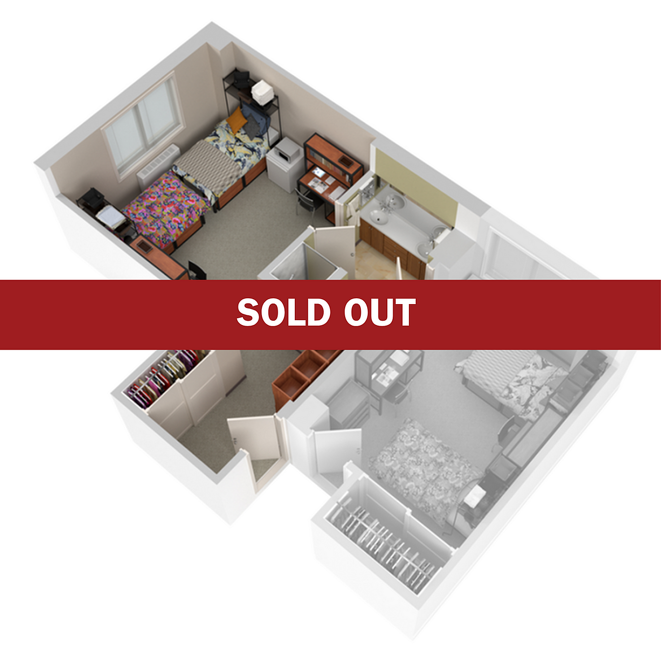 Charming 2-bedroom 3D floor plan with cozy living space and modern amenities, marked as sold out.