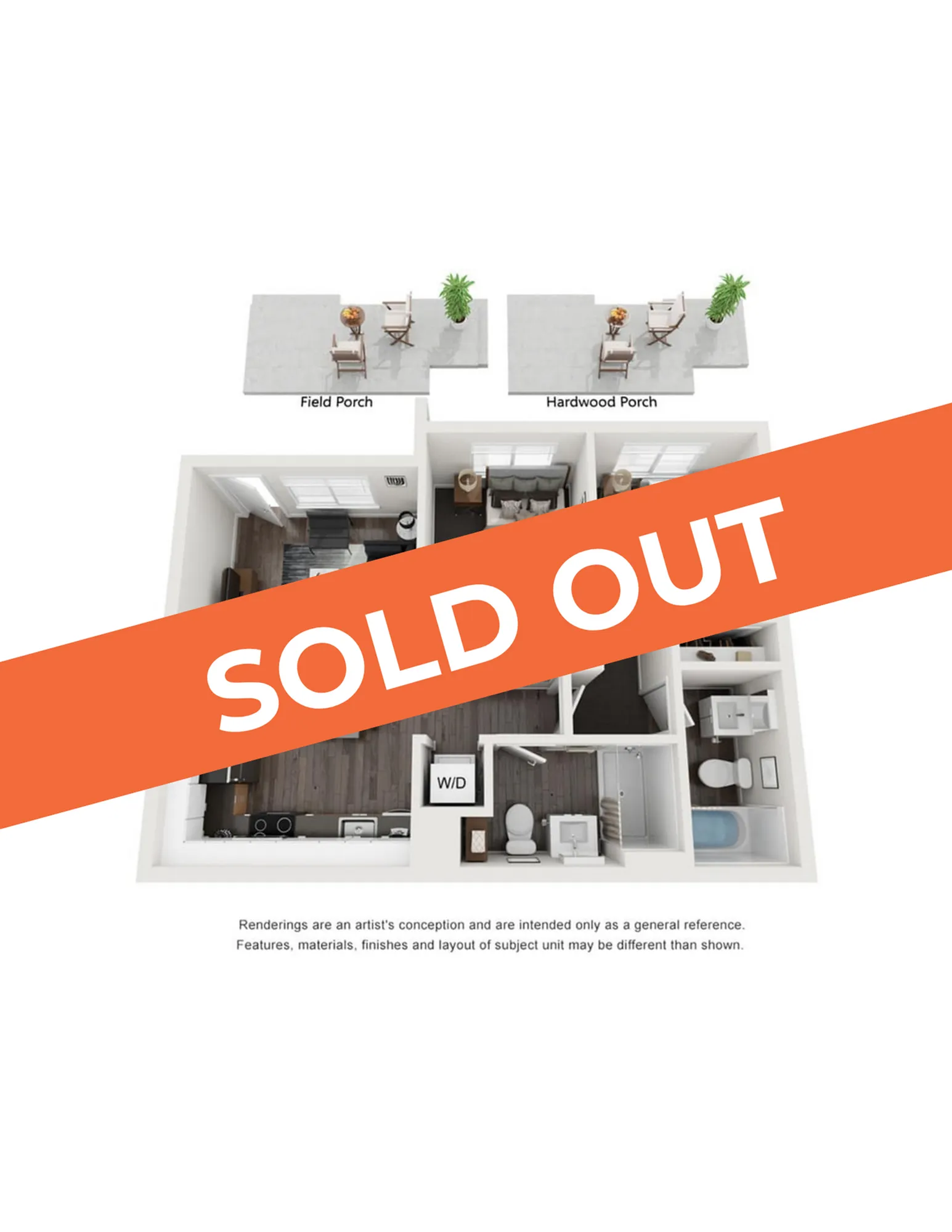 Vibrant 3D floor plan displaying modern 2-bedroom apartment with spacious porches, contemporary kitchen, and elegant living areas, now sold out.