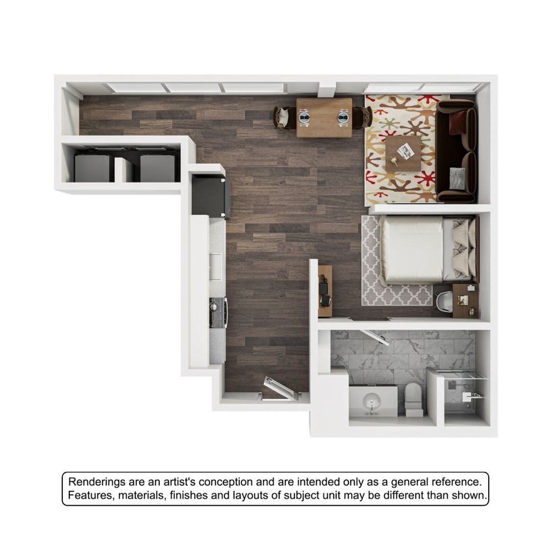 Modern floor plan featuring an open-concept living area, stylish kitchen, cozy bedroom, and elegant bathroom.