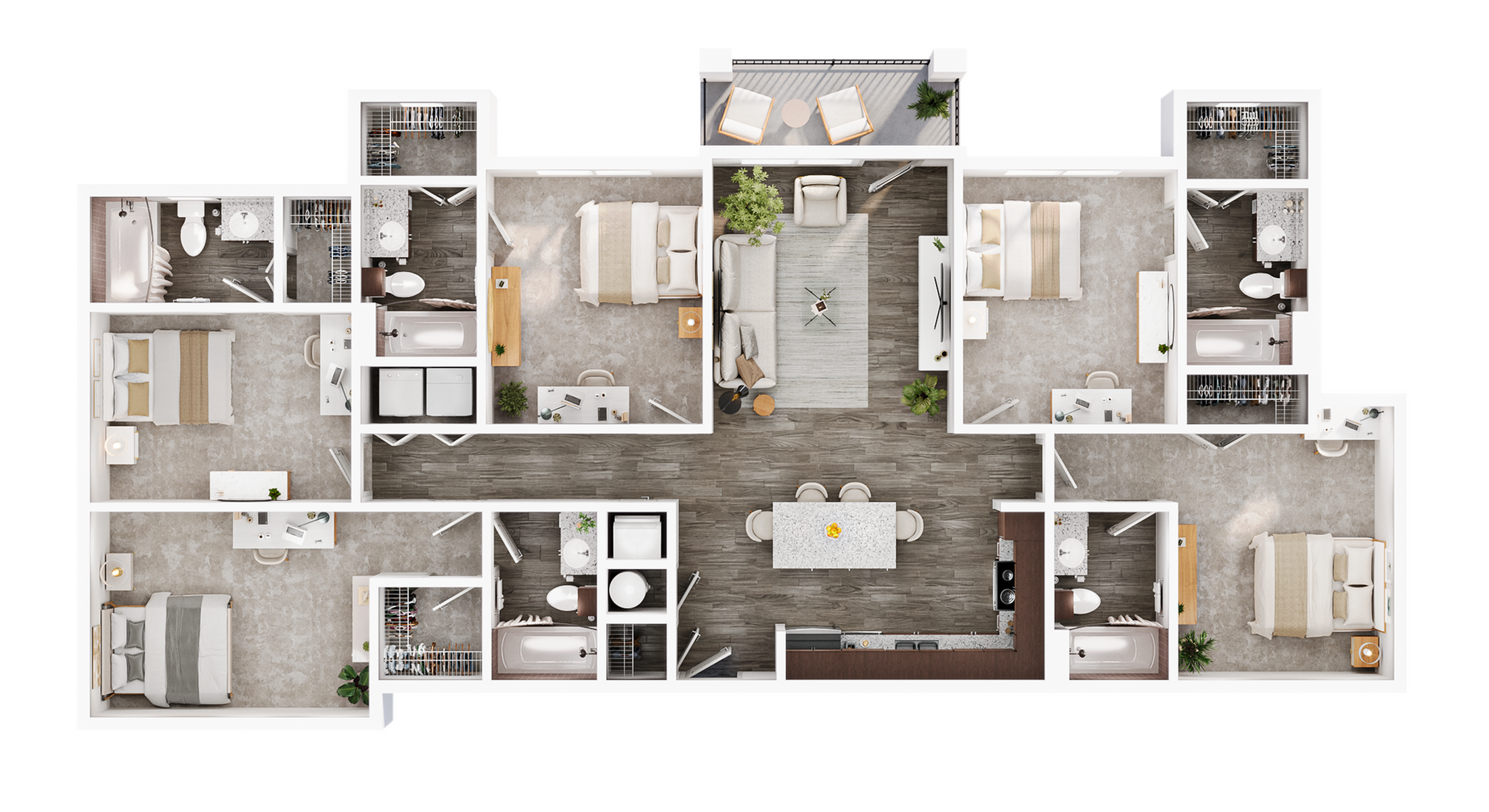 Elegant 5-bedroom apartment floor plan featuring a spacious open-concept living area, modern kitchen, and multiple bathrooms, perfect for family living.
