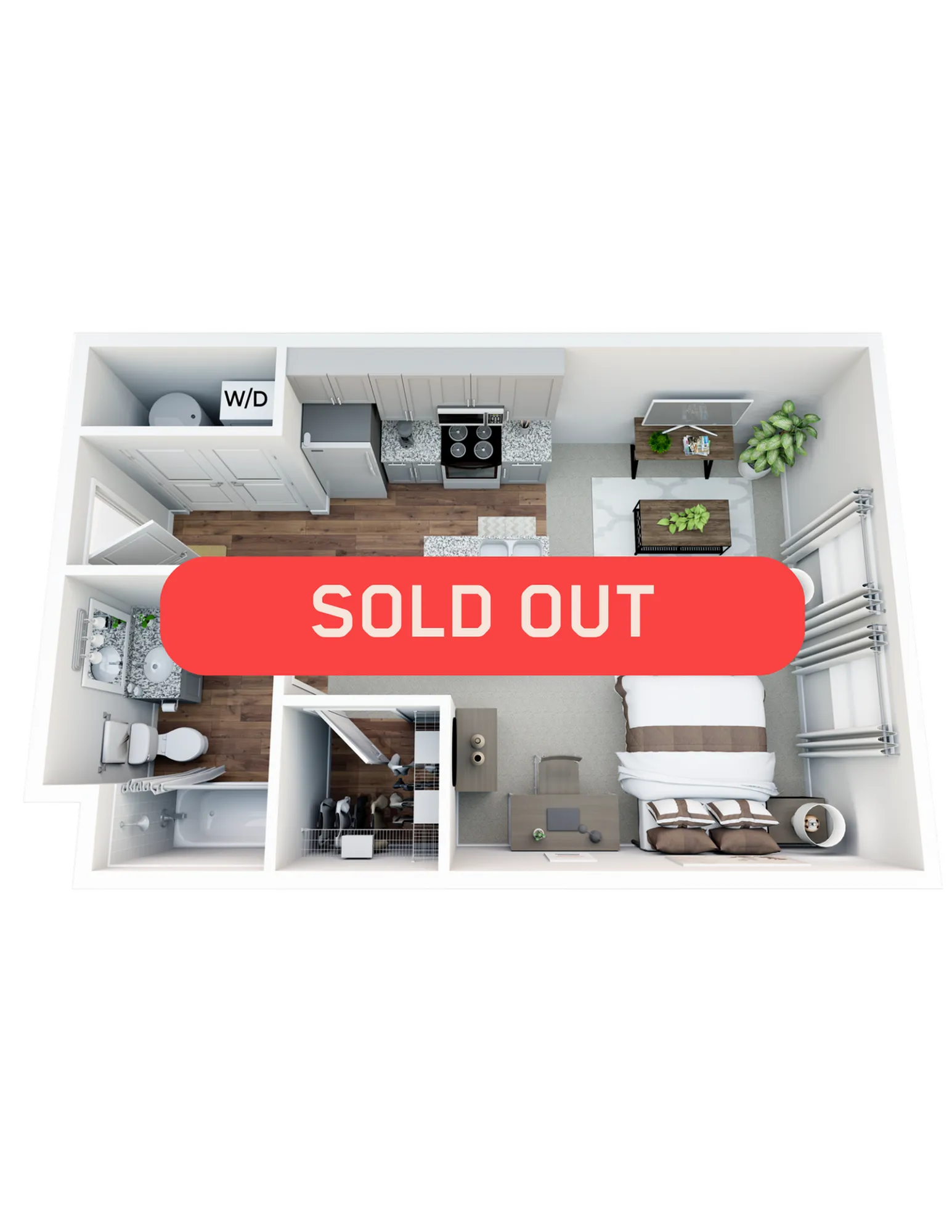 Chic 3D apartment layout displaying a contemporary 1-bedroom, open-plan kitchen and living area, full bathroom, and laundry space. Now sold out.