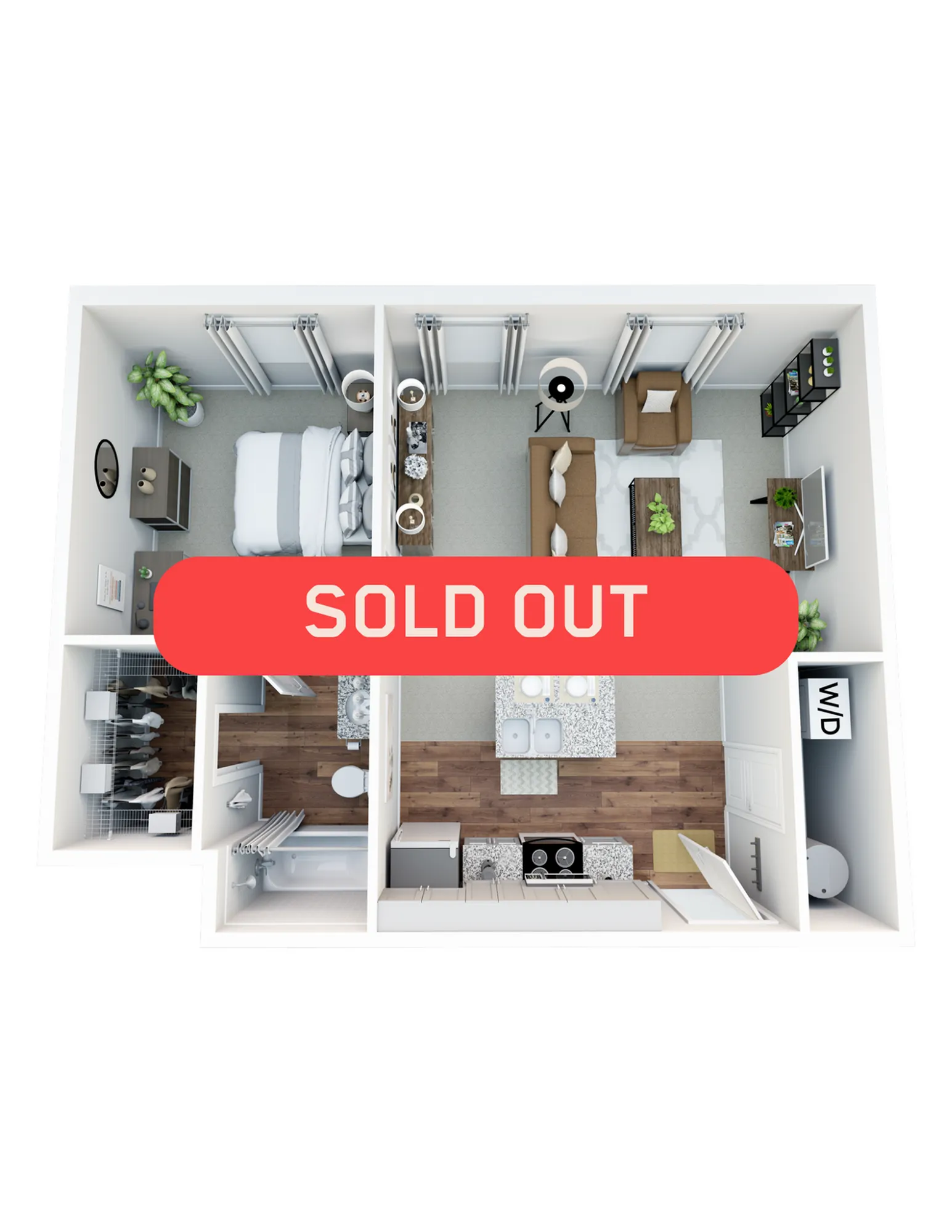 Modern 3D floor plan showcasing a cozy one-bedroom apartment with a spacious living area, contemporary kitchen, and stylish bathroom, marked as sold out.
