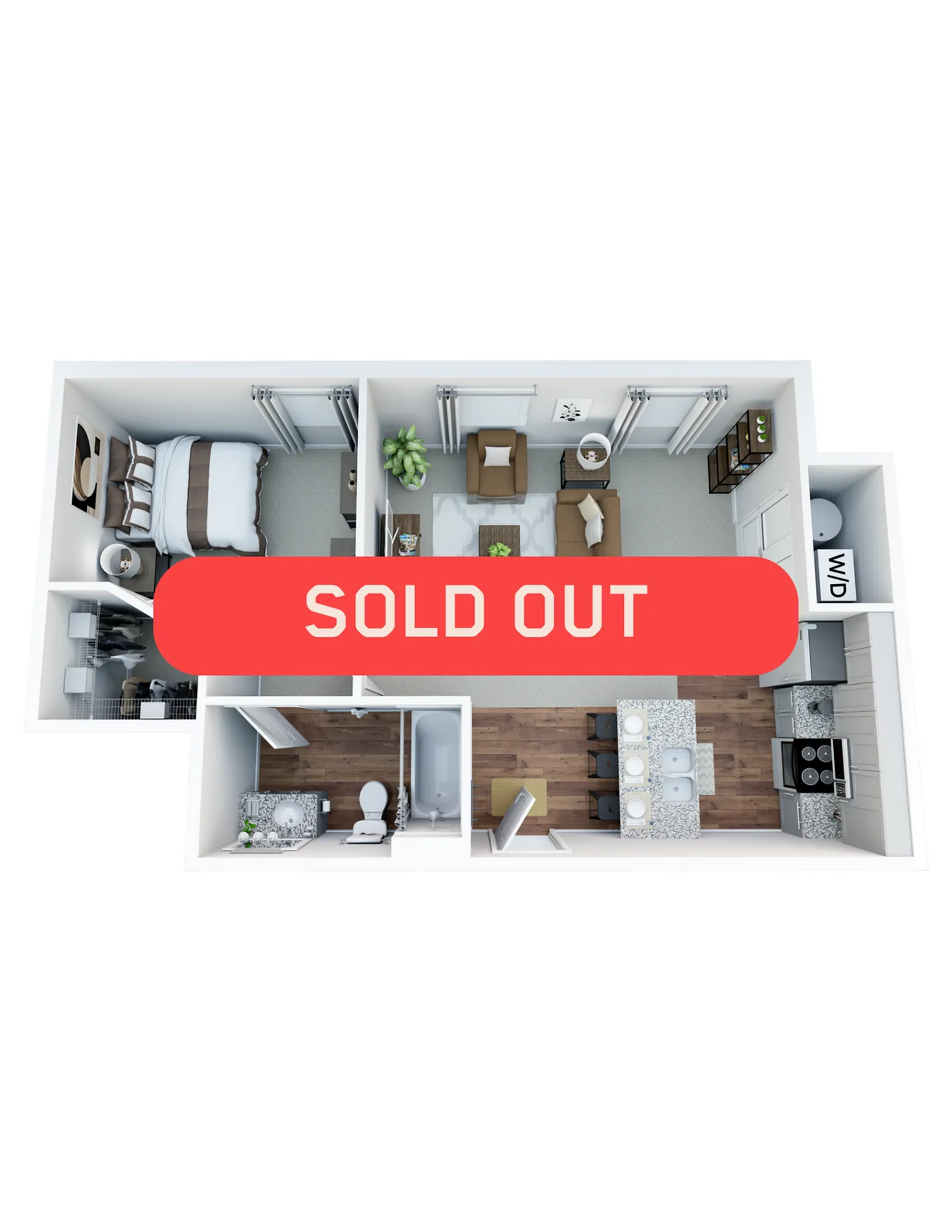 Modern 3D floor plan featuring two cozy bedrooms, an inviting living area, sleek kitchen, and stylish bathroom, highlighting a SOLD OUT status.