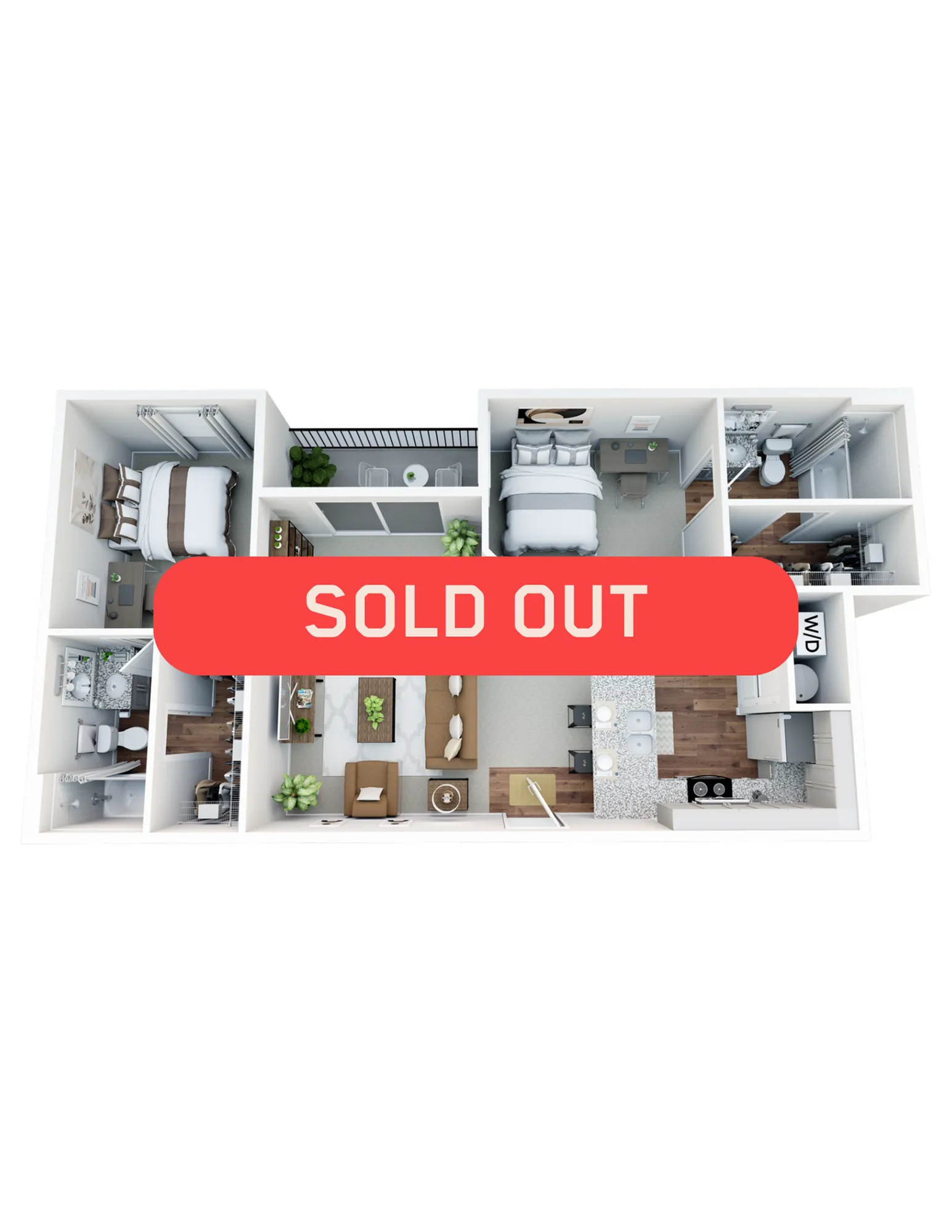 Contemporary 3D floor plan featuring 2 bedrooms, a stylish open-concept living and dining area, and a modern kitchen, with \'Sold Out\' banner indicating high demand.