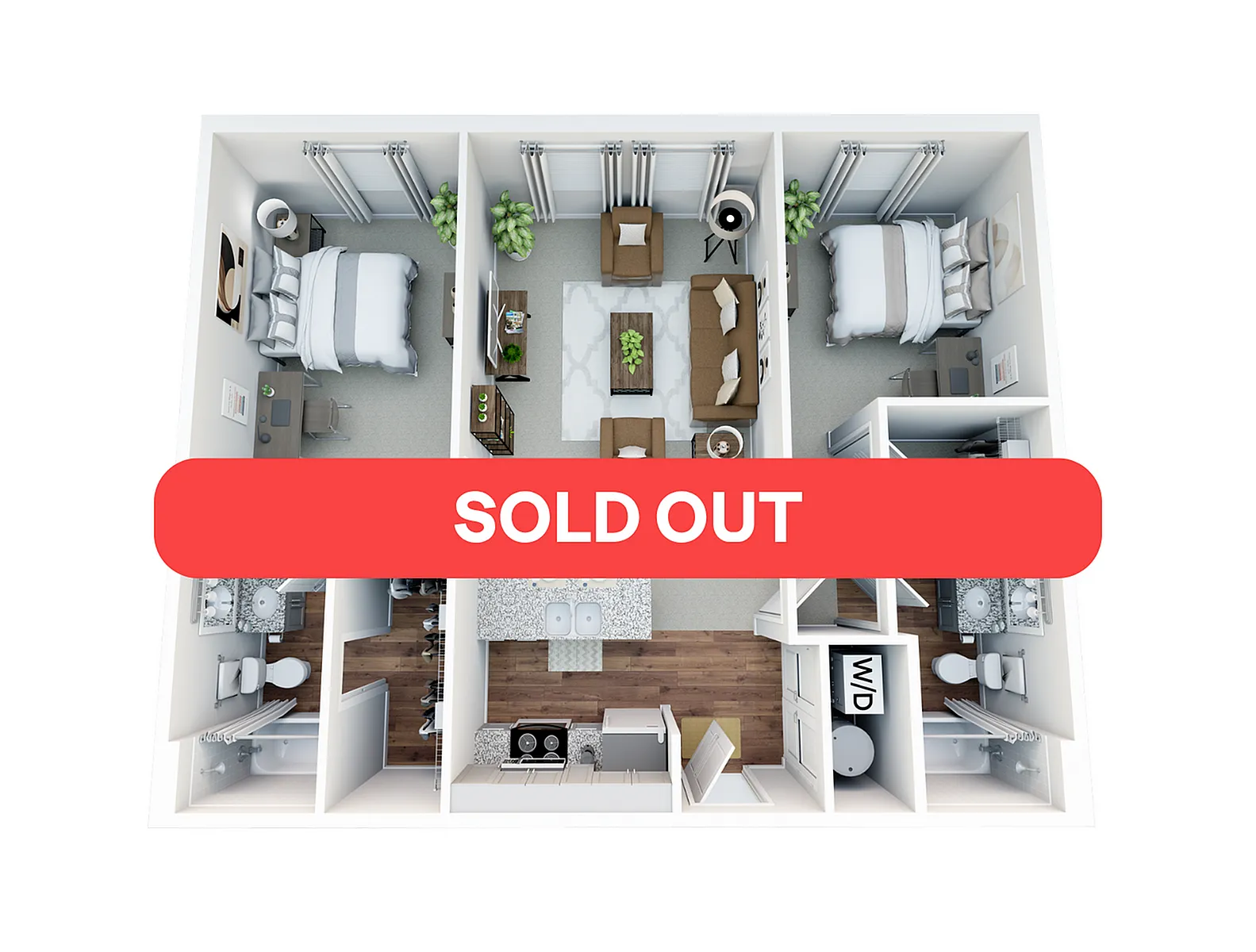 Modern 3D floor plan featuring 2 bedrooms, a cozy living room, and a fully-equipped kitchen, marked as Sold Out.