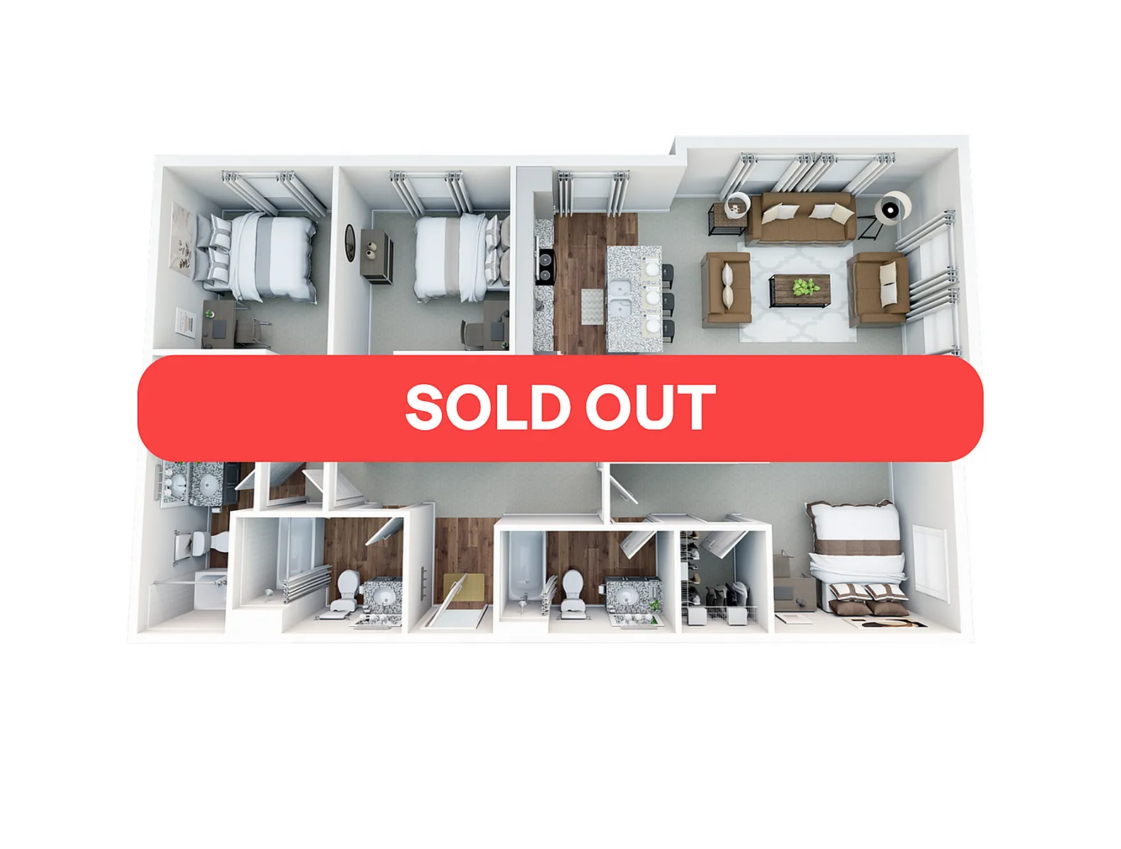 Modern 3D floor plan showcasing two cozy bedrooms, a stylish open-concept living room, and a sleek kitchen, marked as sold out.