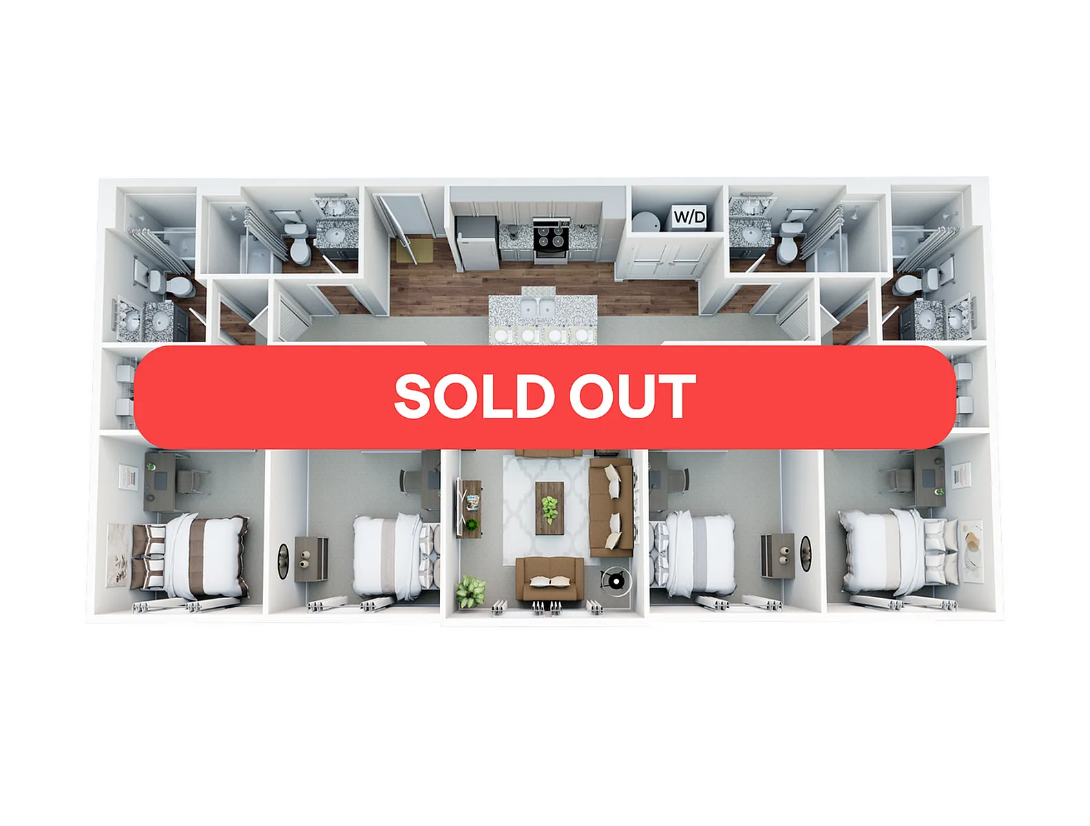 Contemporary 3-bedroom floor plan with open living area and modern kitchen. Sold Out!