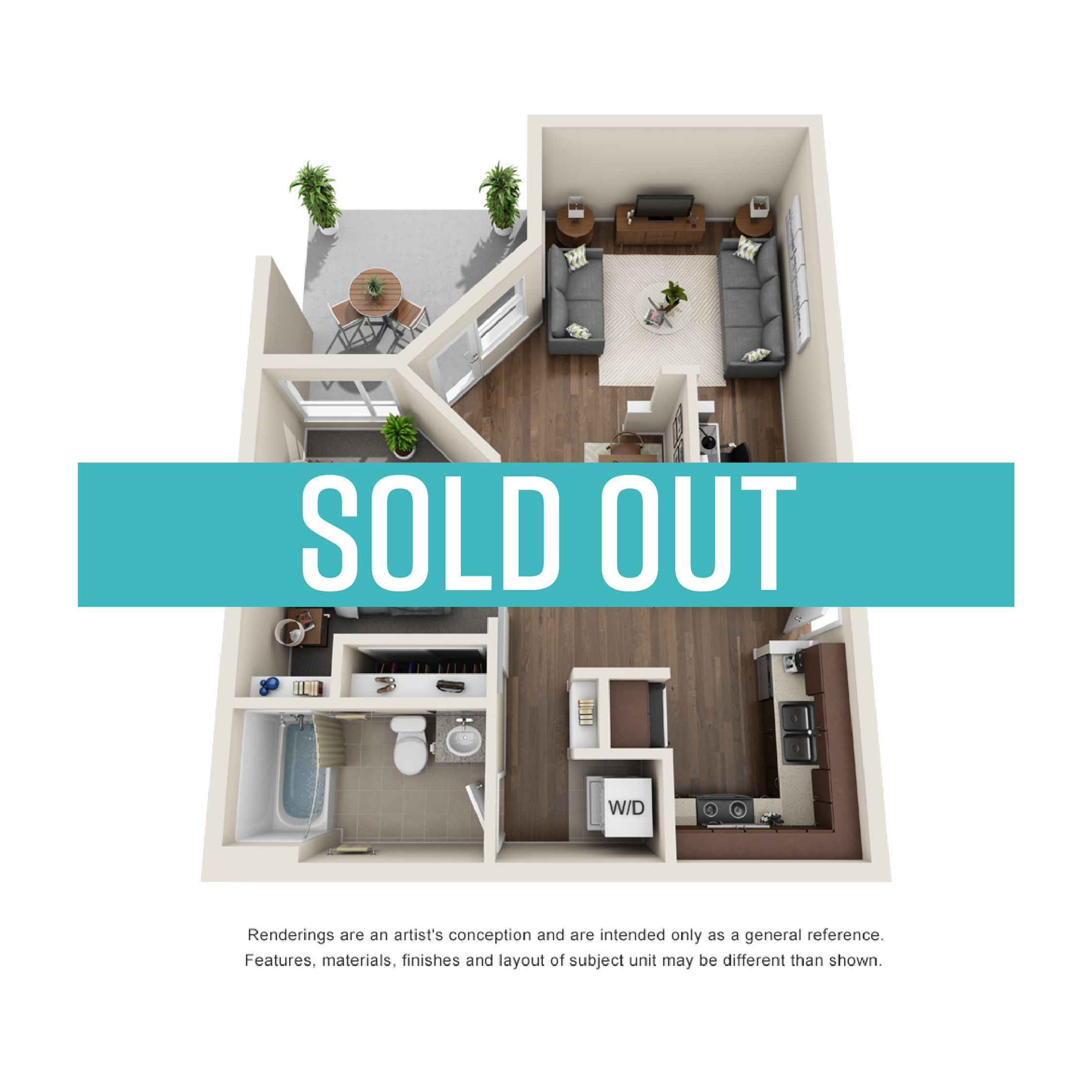 Modern 3D floor plan showcasing cozy living room, sleek kitchen, spacious bathroom, and inviting bedroom with private balcony.
