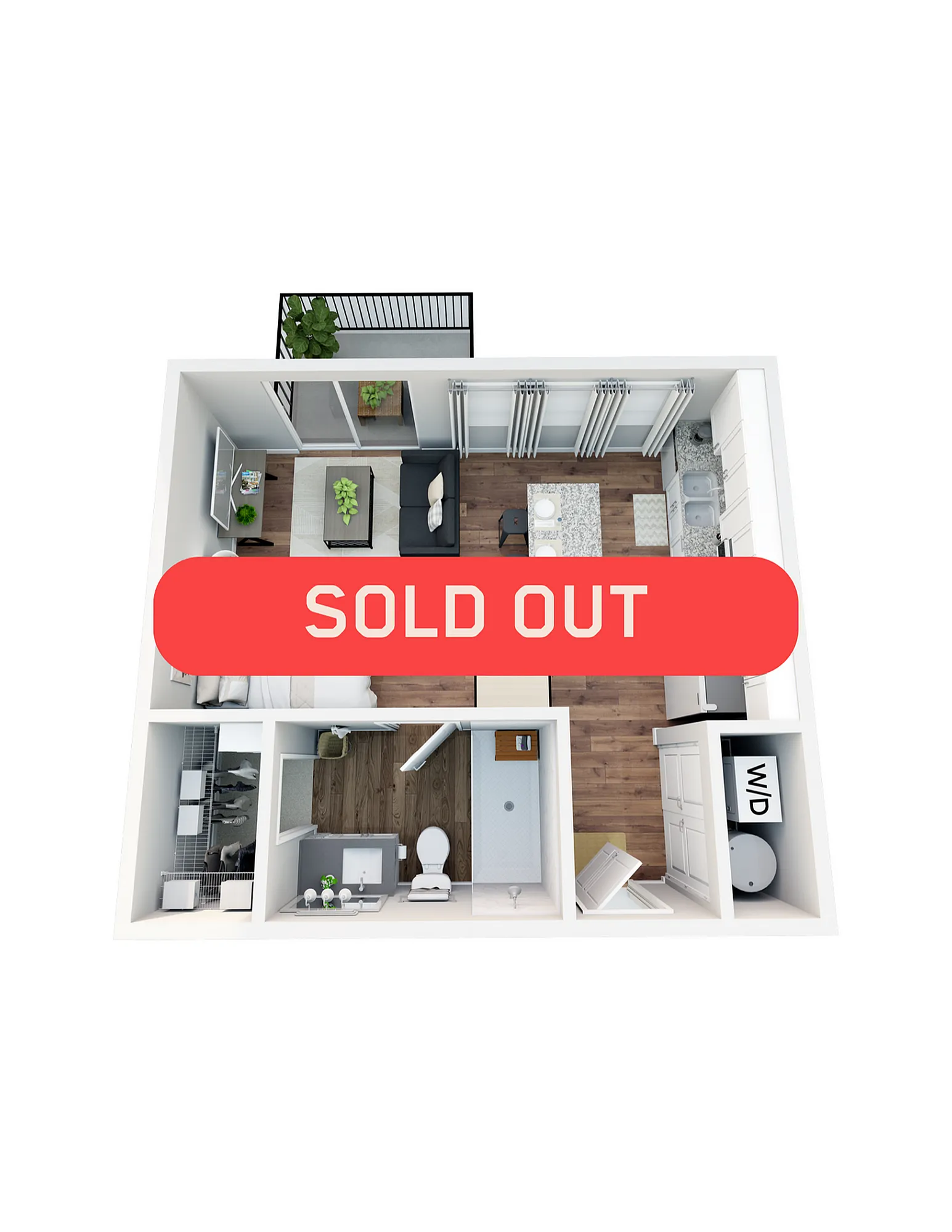 Modern 3D apartment floor plan featuring an open living area, cozy bedroom, sleek kitchen, and spacious bathroom, with a private balcony. Sold out status highlighted in bold red.